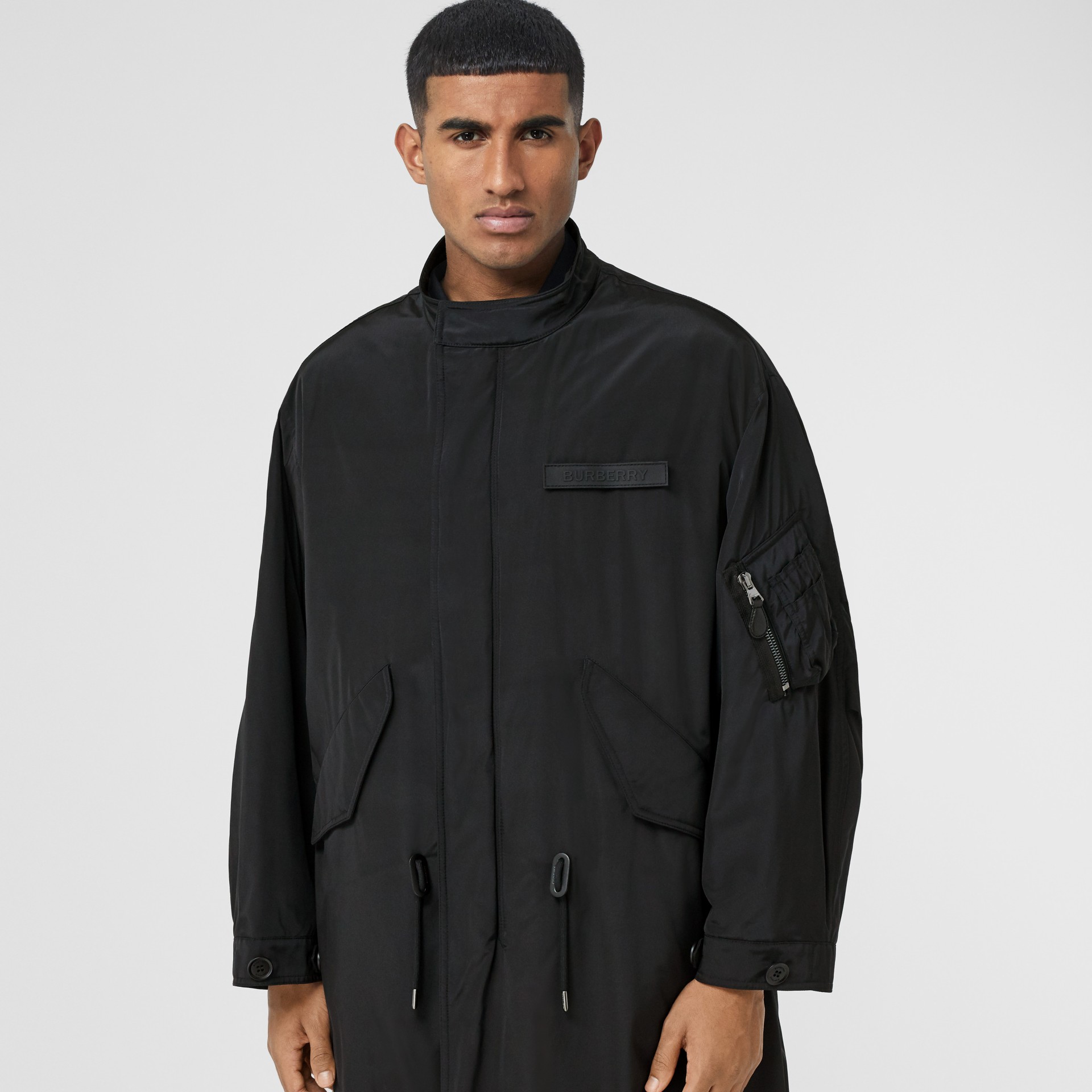 Nylon Silk Parka With Fleece Lined Detachable Warmer In Black Men