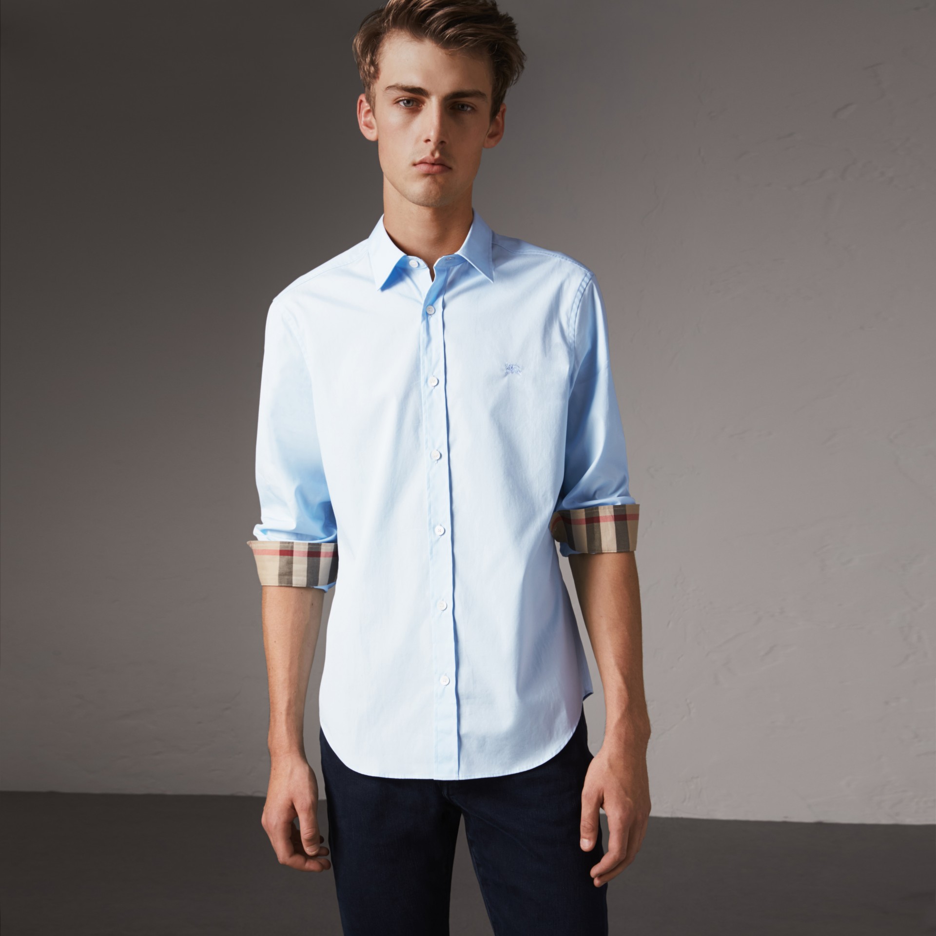 Check Detail Stretch Cotton Poplin Shirt in Pale Blue - Men | Burberry