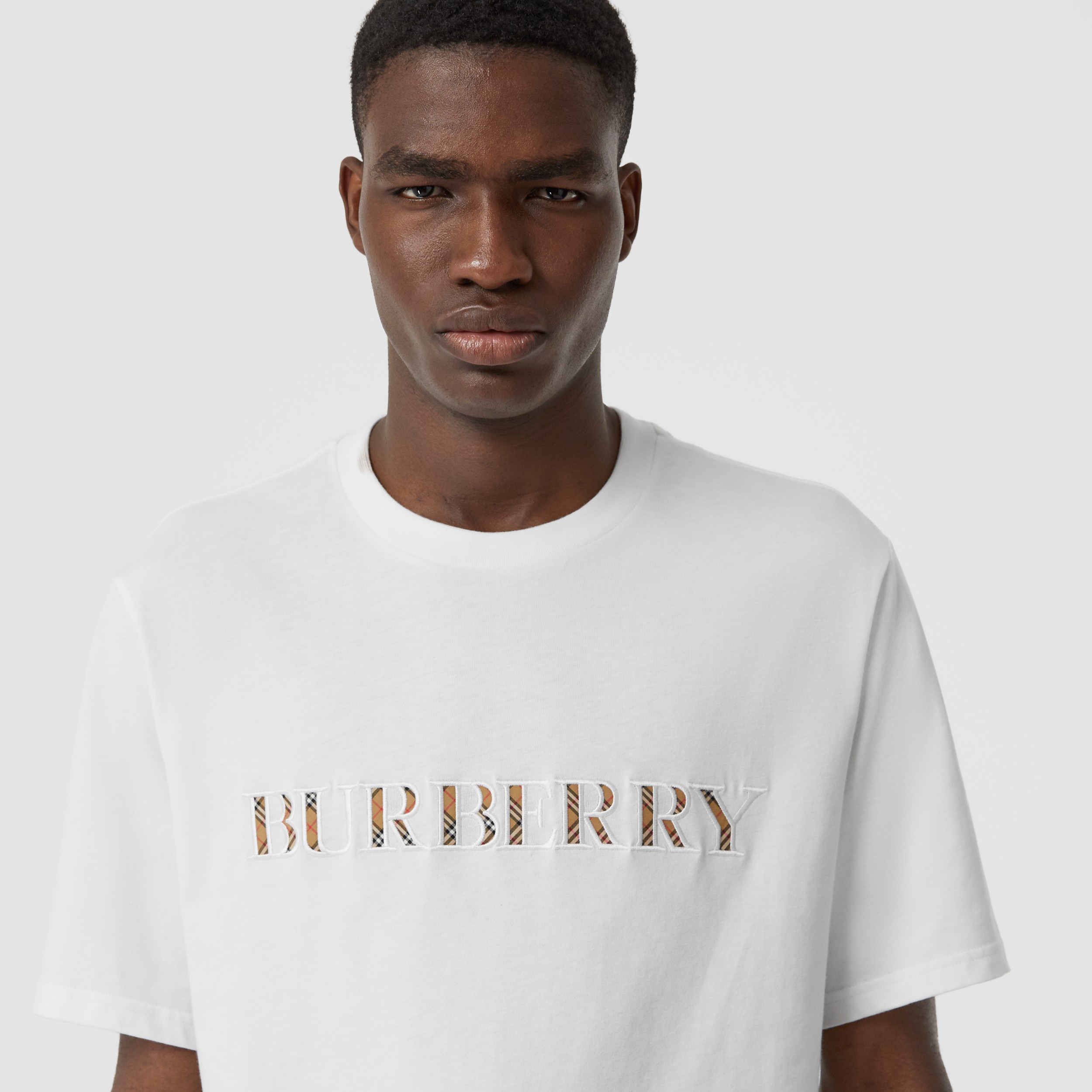Embroidered Check Logo Cotton T-shirt in White - Men | Burberry United ...
