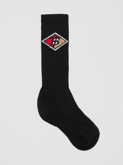 Burberry Logo Graphic Intarsia Cotton Blend Socks In Black