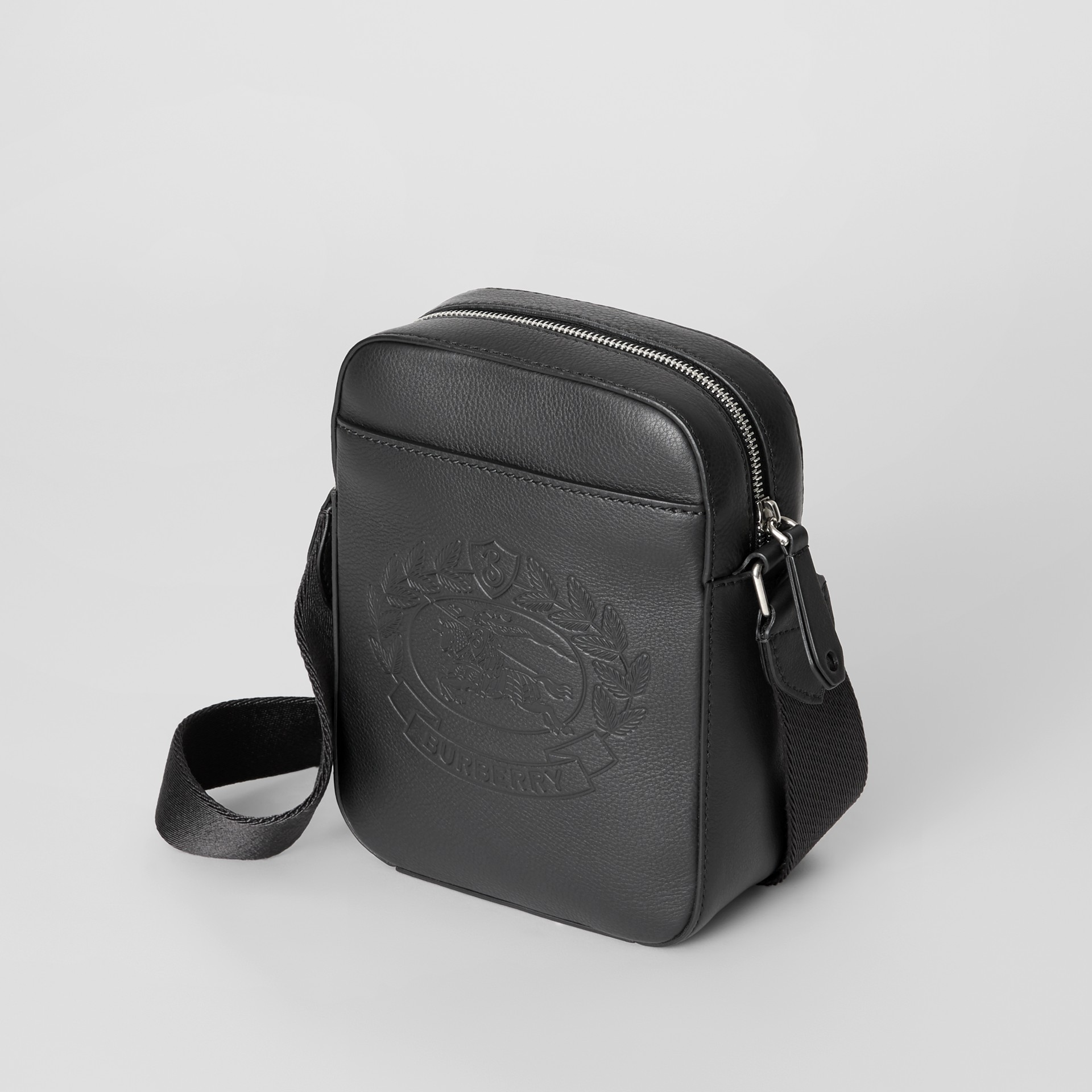 Small Embossed Crest Leather Crossbody Bag in Black Men Burberry