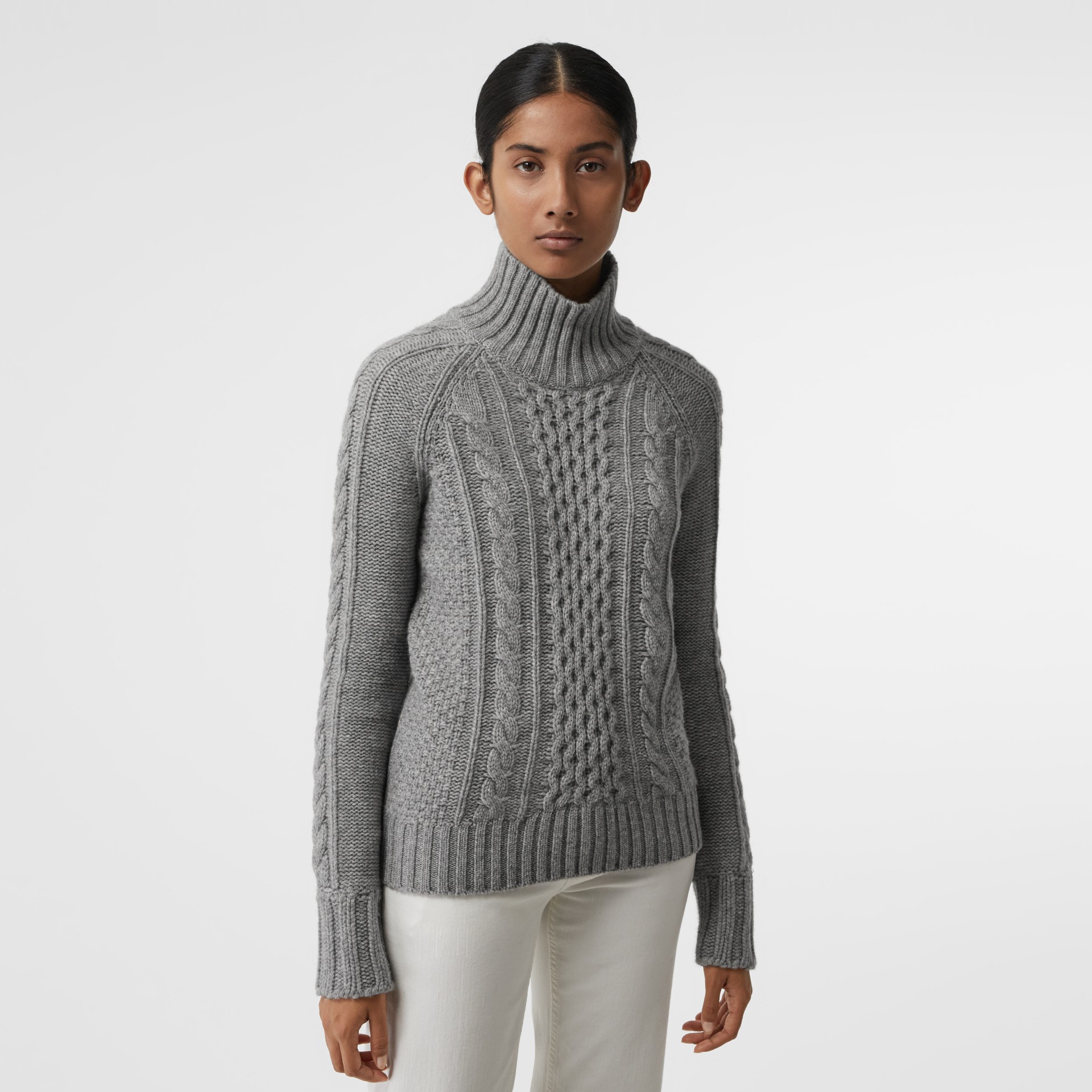 Cable Knit Cashmere Turtleneck Sweater in Mid Grey Melange - Women