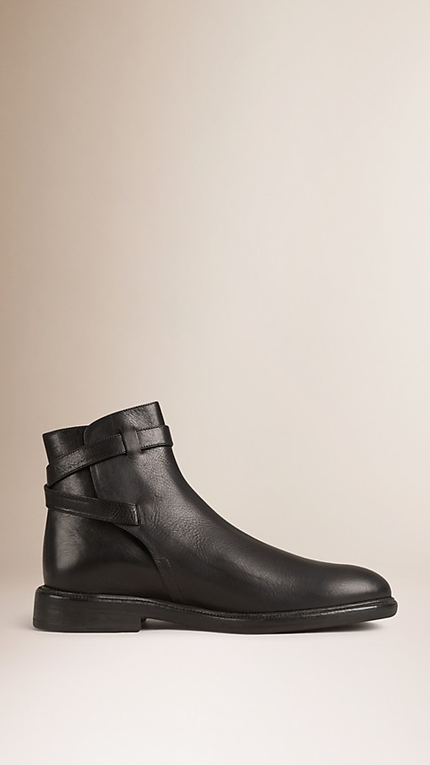 Buckle Detail Calf Leather Boots Black | Burberry