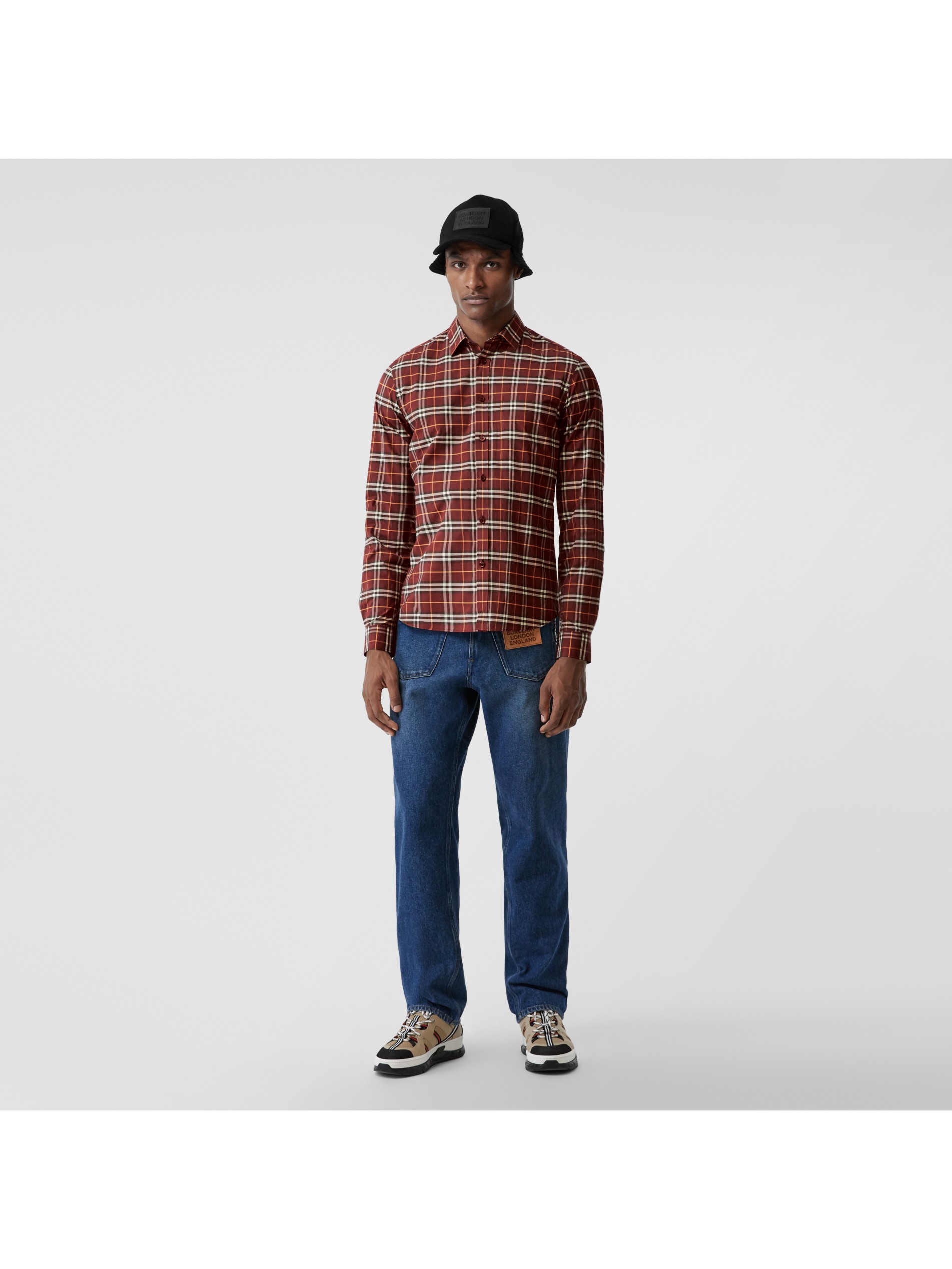 小格纹弹力棉衬衫 (深葡萄酒色) | burberry 博柏利