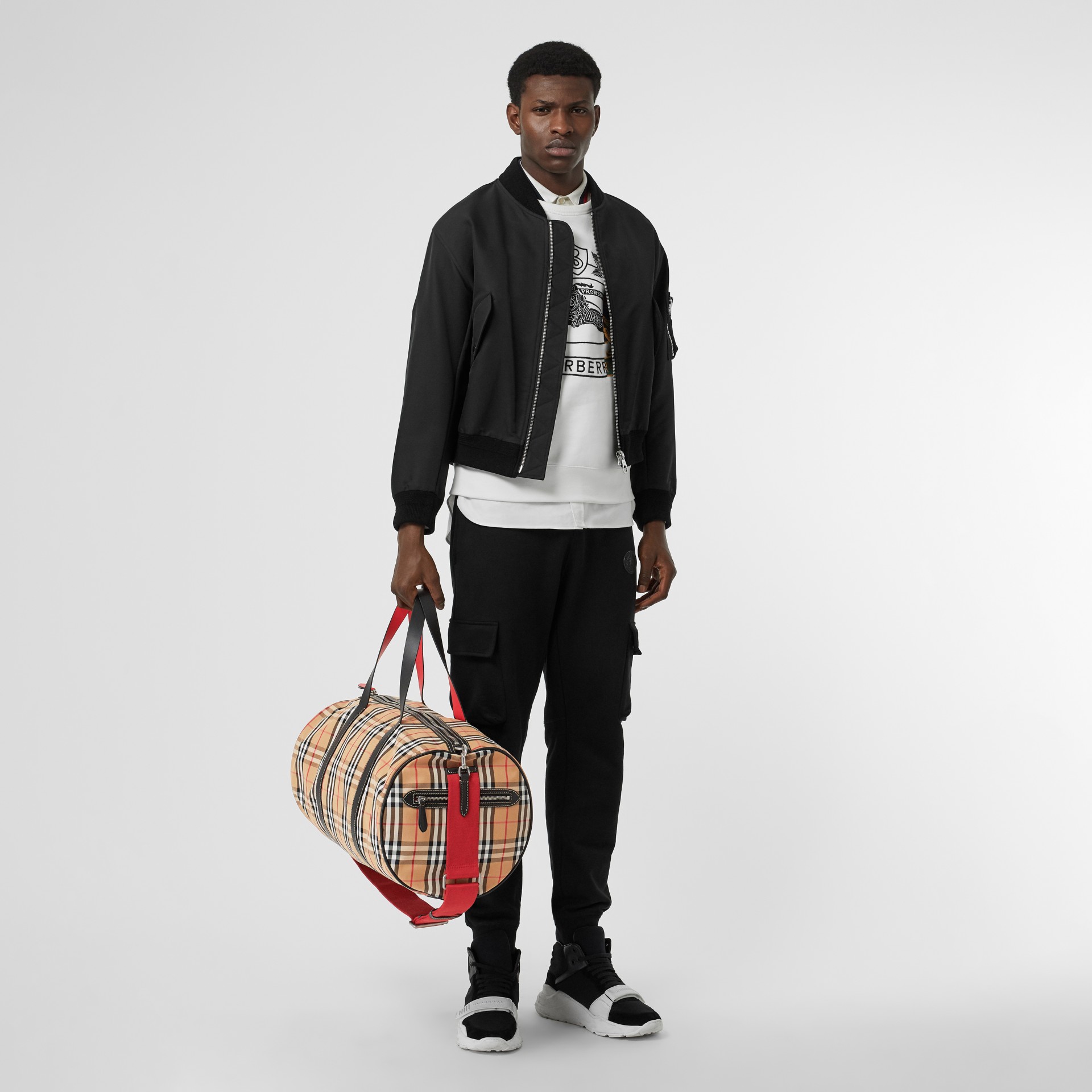 Large Vintage Check and Leather Barrel Bag in Military Red Men