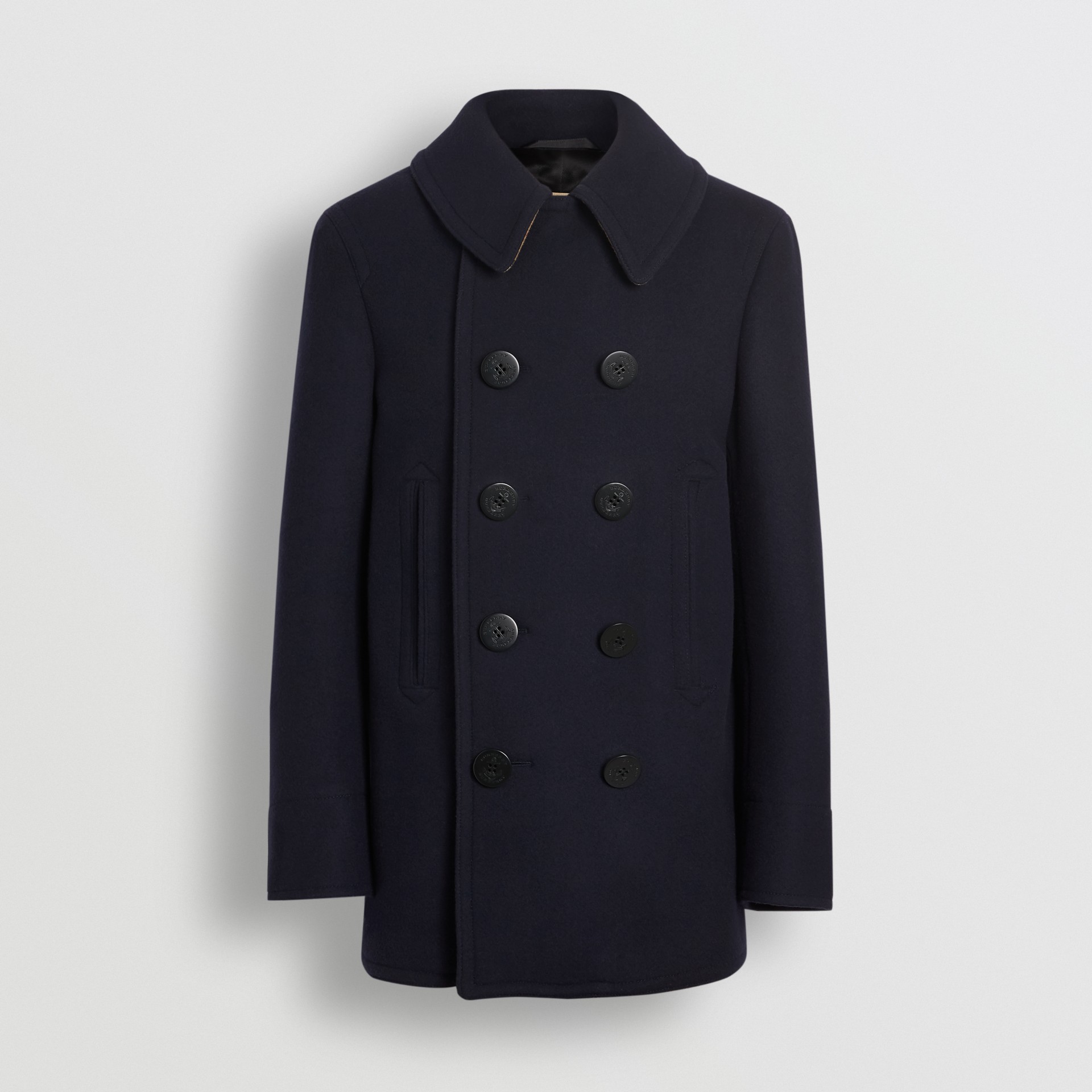 Wool Blend Pea Coat in Navy Men Burberry United States