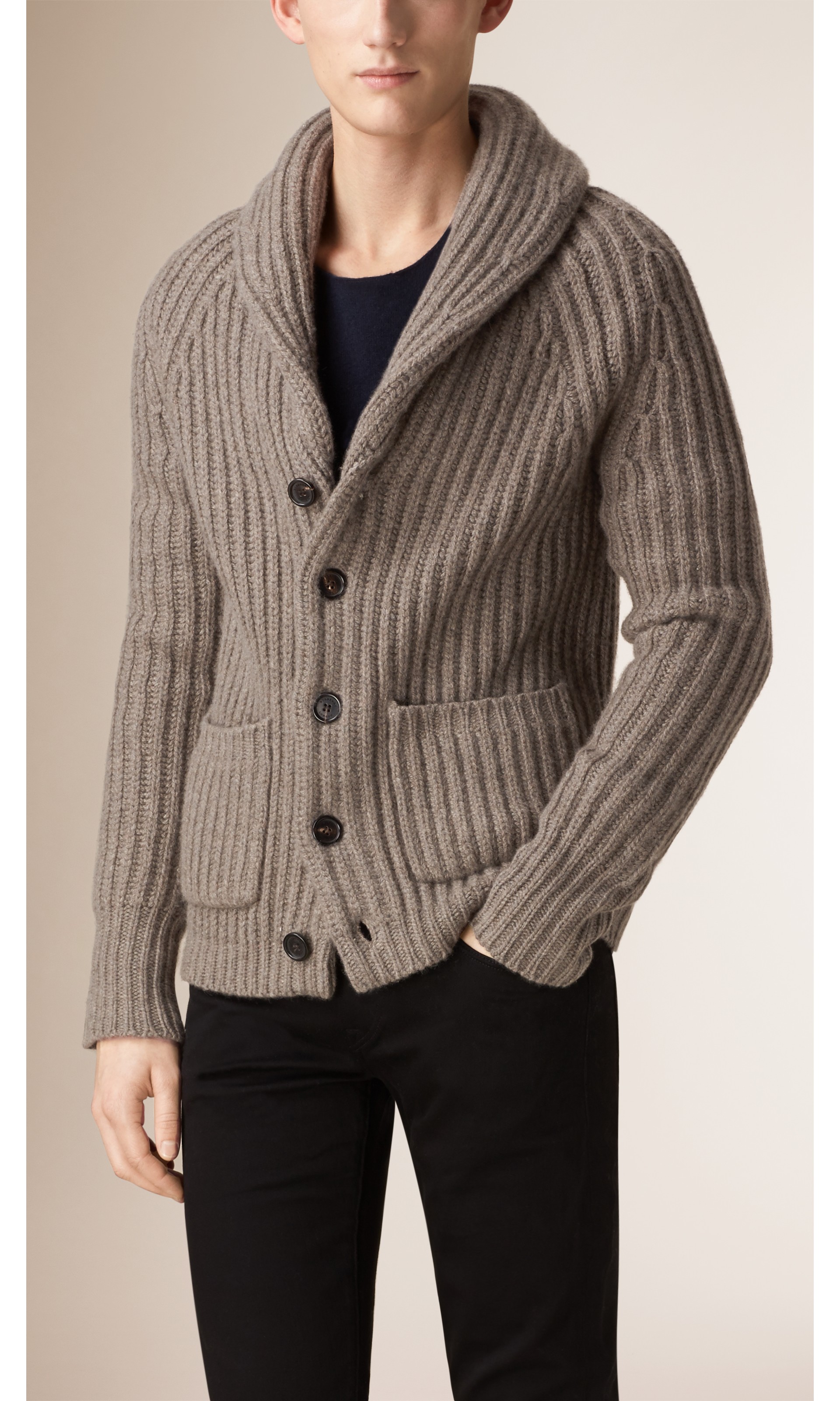 Shawl Collar Wool Cashmere Cardigan in Taupe Brown - Men | Burberry ...