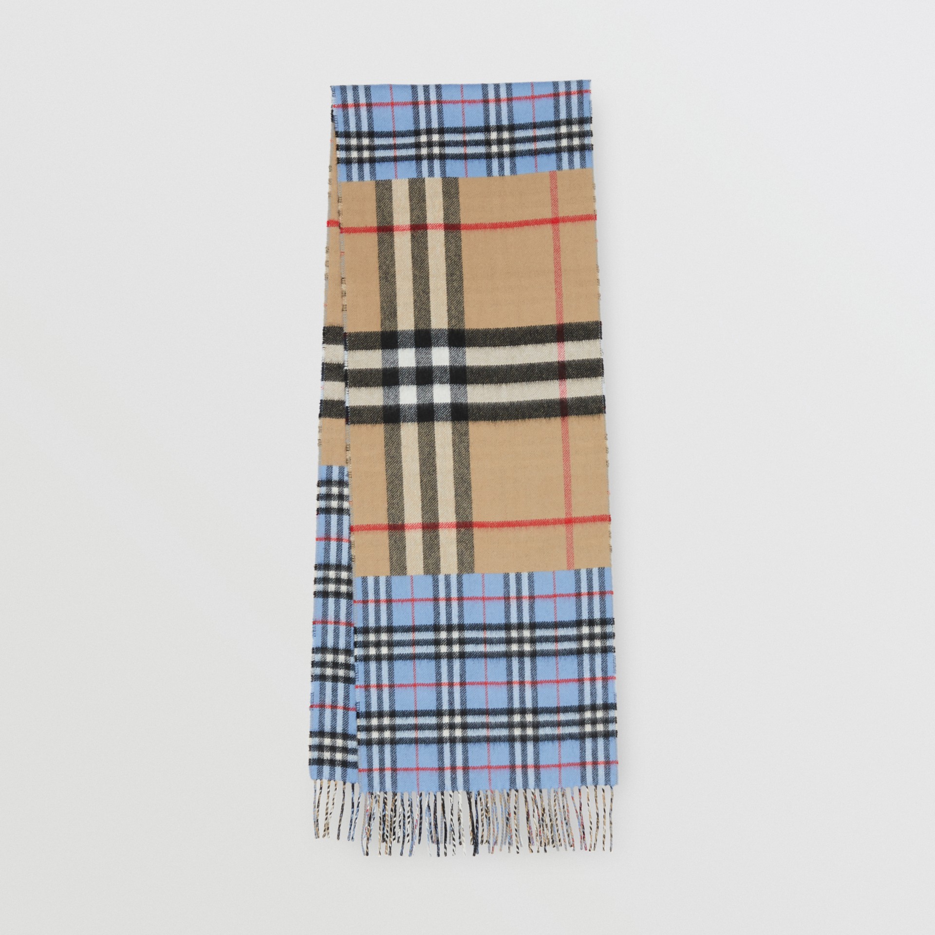 Contrast Check Cashmere Merino Wool Jacquard Scarf in Opal Blue ...