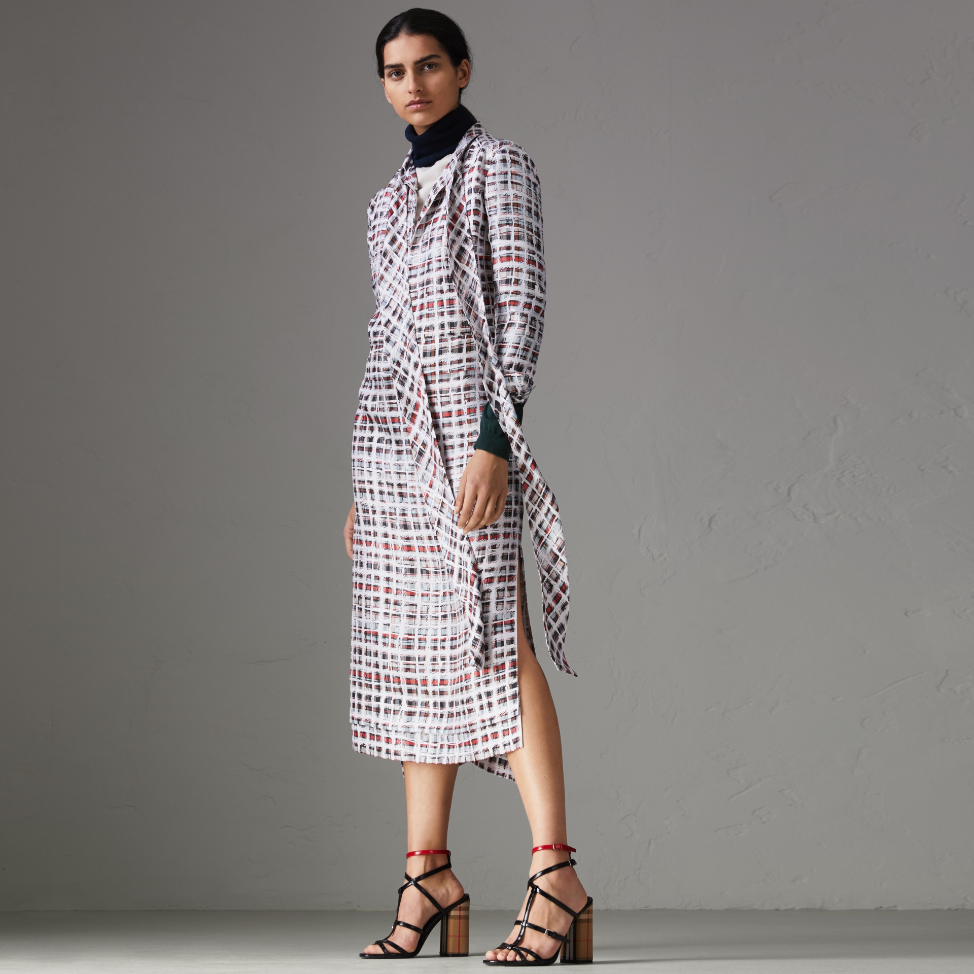 burberry 系带涂鸦格纹丝质连衣裙 in cadmium red