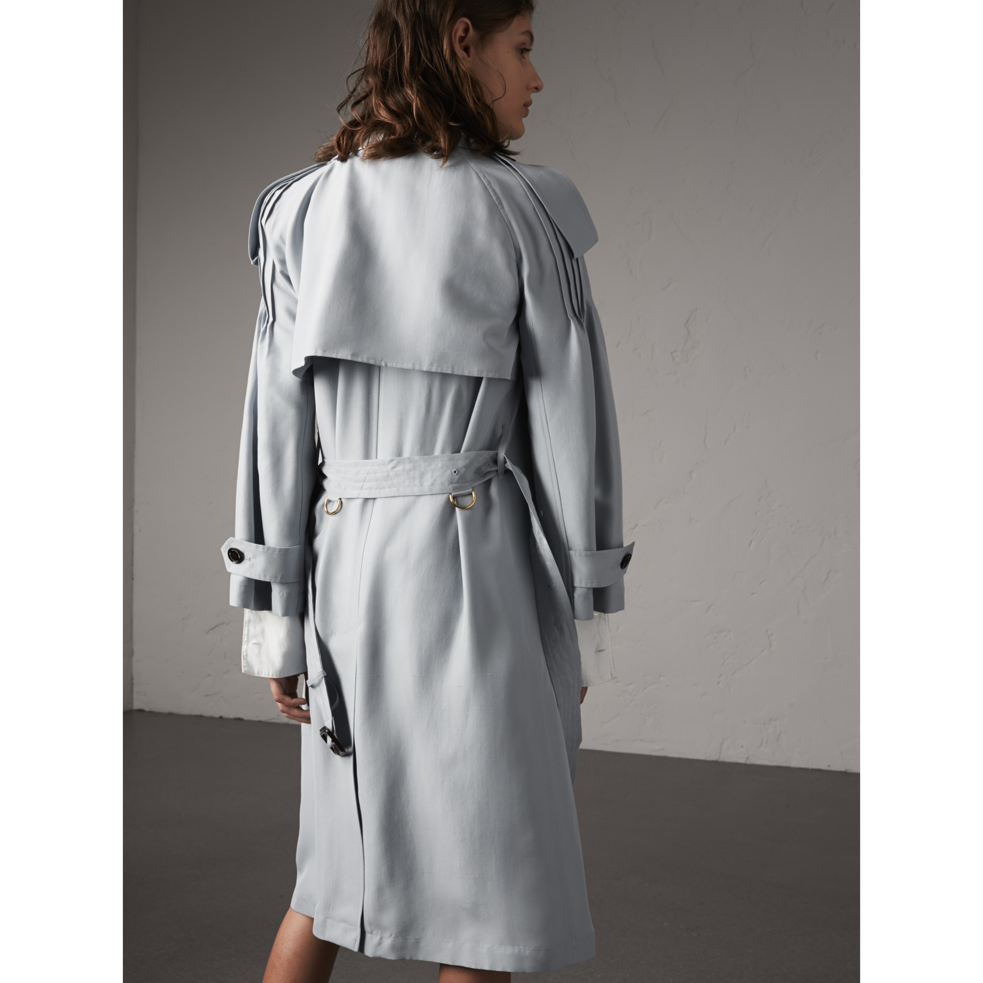 Ruffle Detail Silk Trench Coat In Pale Slate Blue Women Burberry United Kingdom