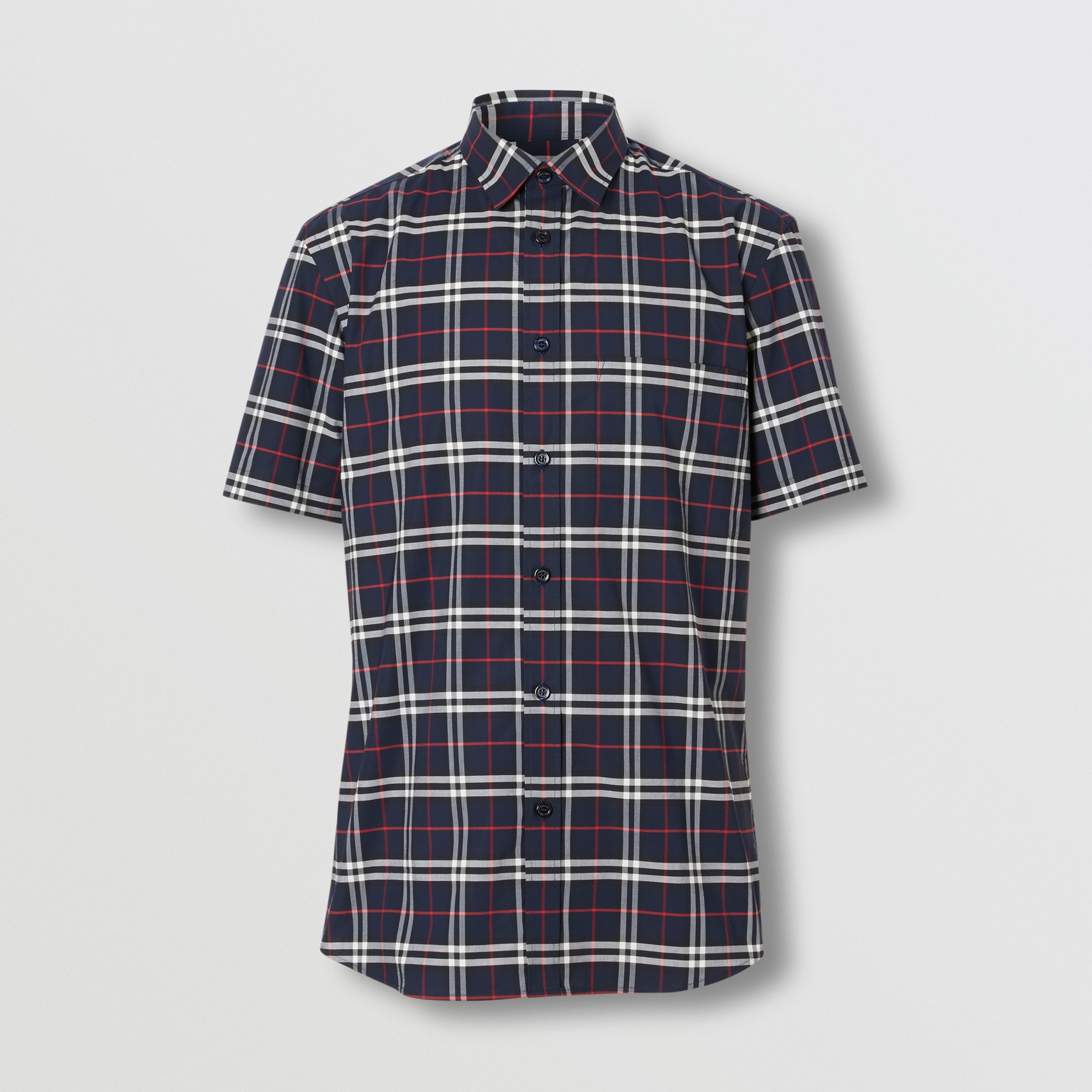 Short-sleeve Small Scale Check Stretch Cotton Shirt in Navy - Men | Burberry® Official - 4