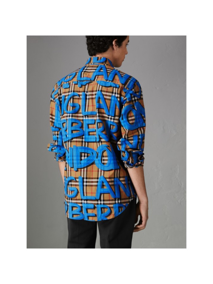 涂鸦印花 vintage 格纹衬衫 (亮蓝色) - 男士 | burberry 博柏利