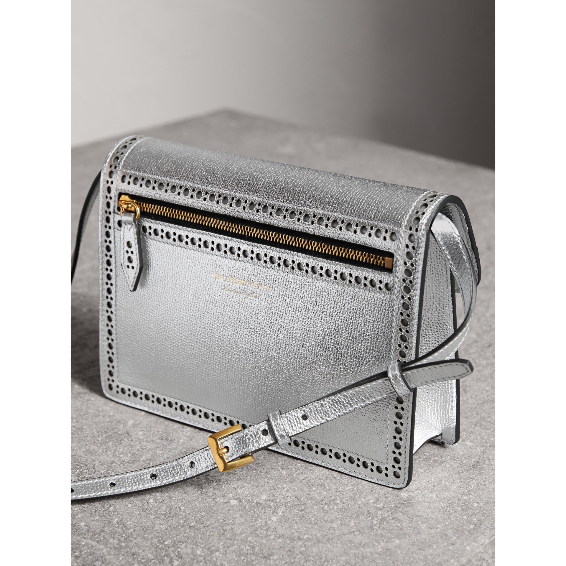 Brogue Detail Metallic Leather Crossbody Bag in Silver - Women | Burberry United Kingdom