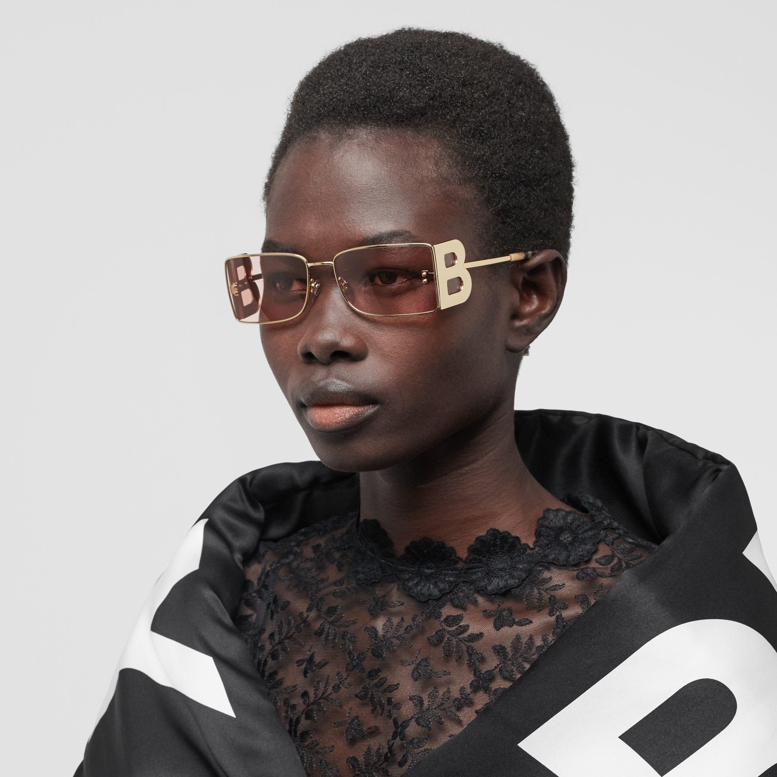 ‘B’ Lens Detail Rectangular Frame Sunglasses in Gold | Burberry United ...