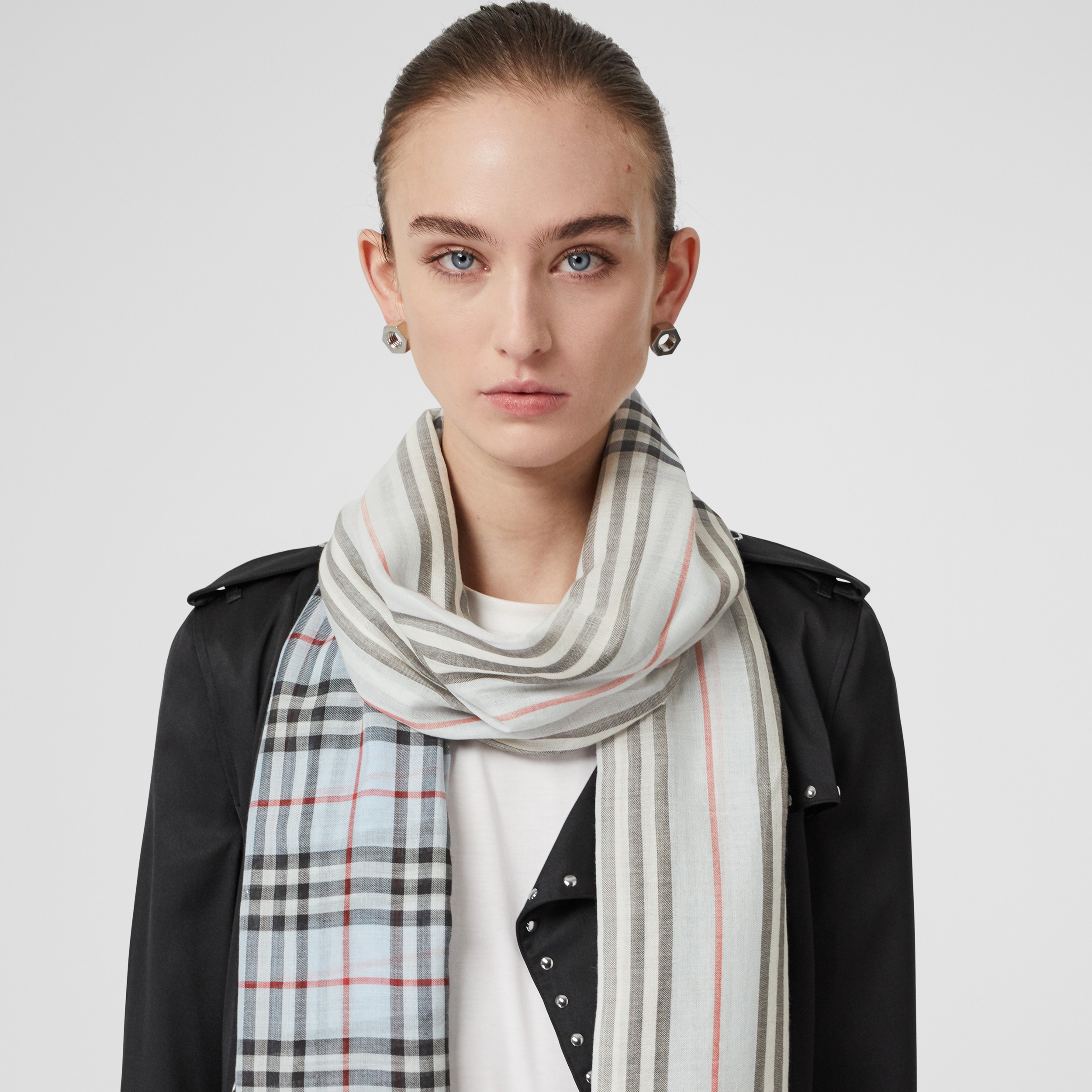 Icon Stripe and Vintage Check Wool Silk Scarf in Pale Blue | Burberry ...