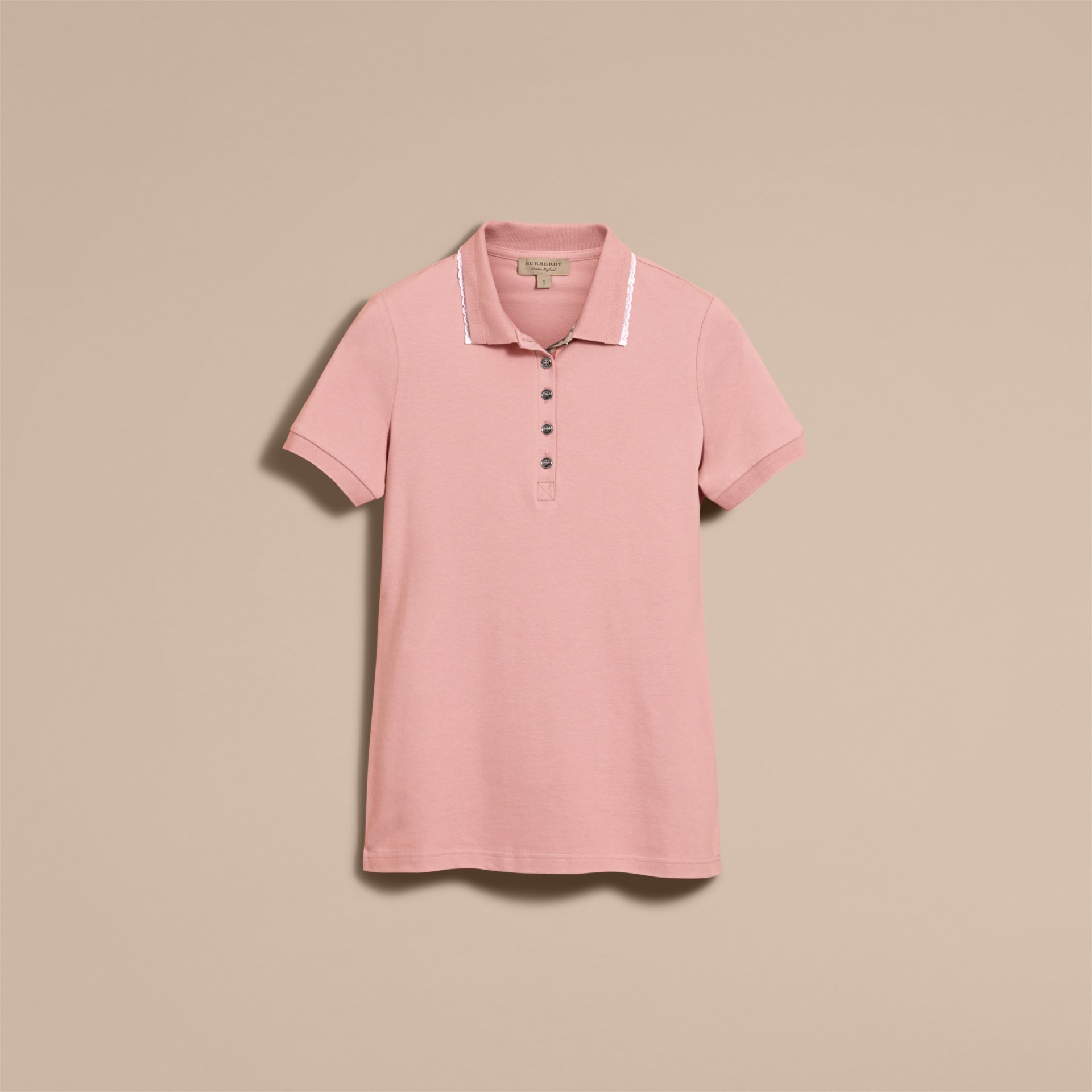 Lace Trim Cotton Blend Polo Shirt with Check Detail in Nude Women