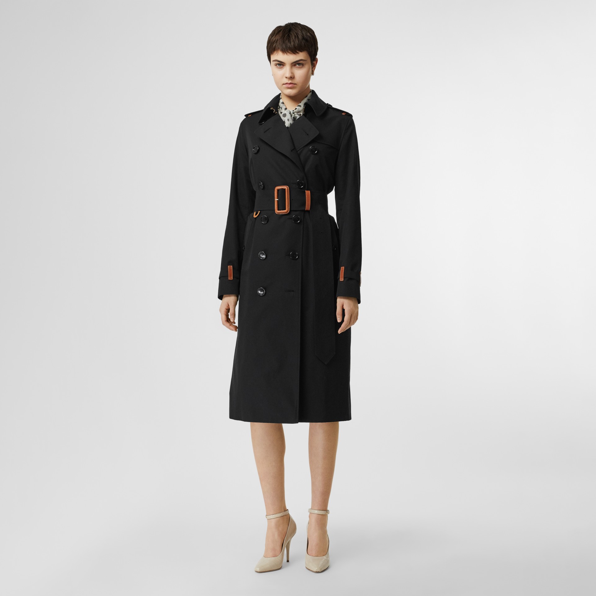 Leather Detail Cotton Gabardine Trench Coat in Black Women Burberry