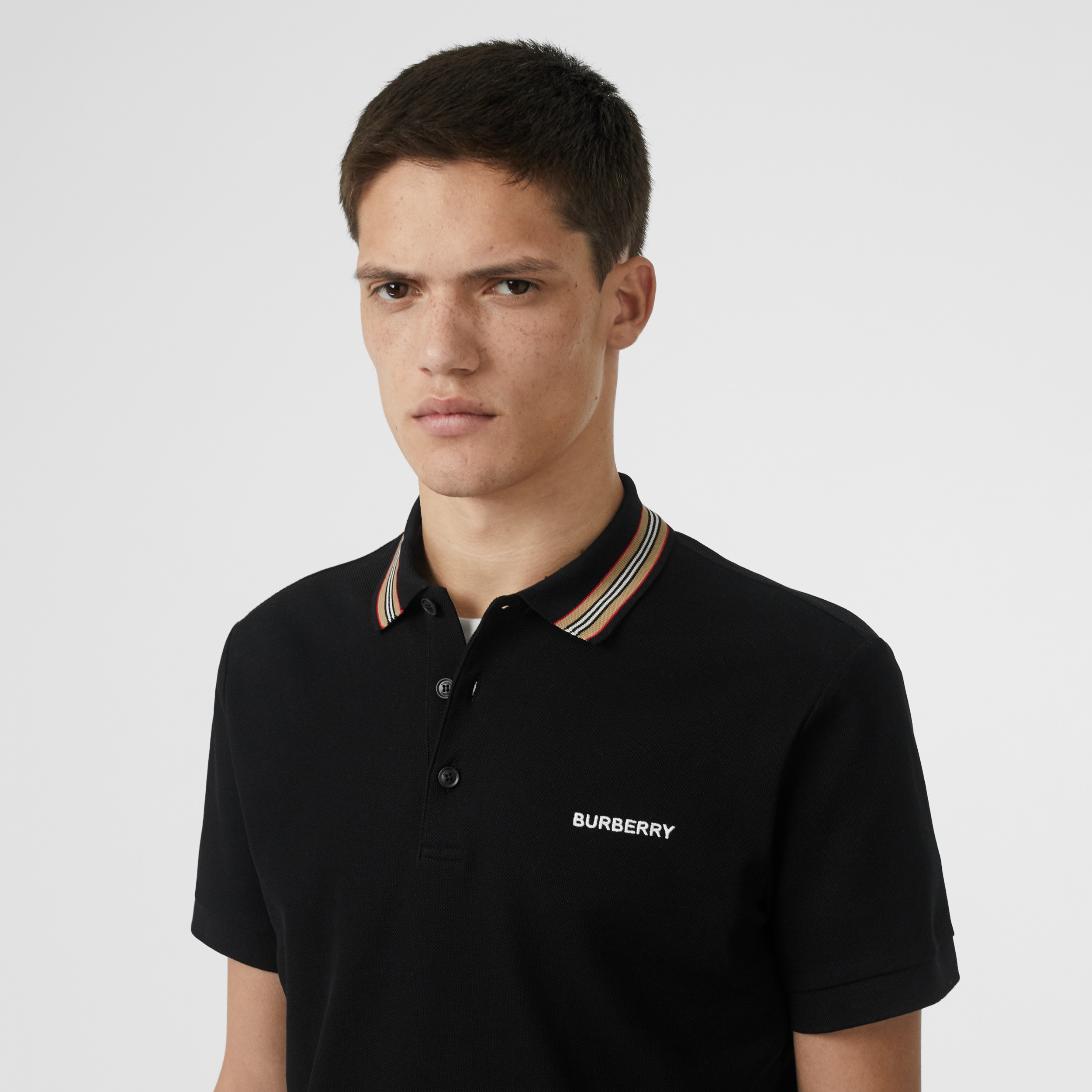 Icon Stripe Detail Cotton Piqué Polo Shirt in Black - Men | Burberry ...