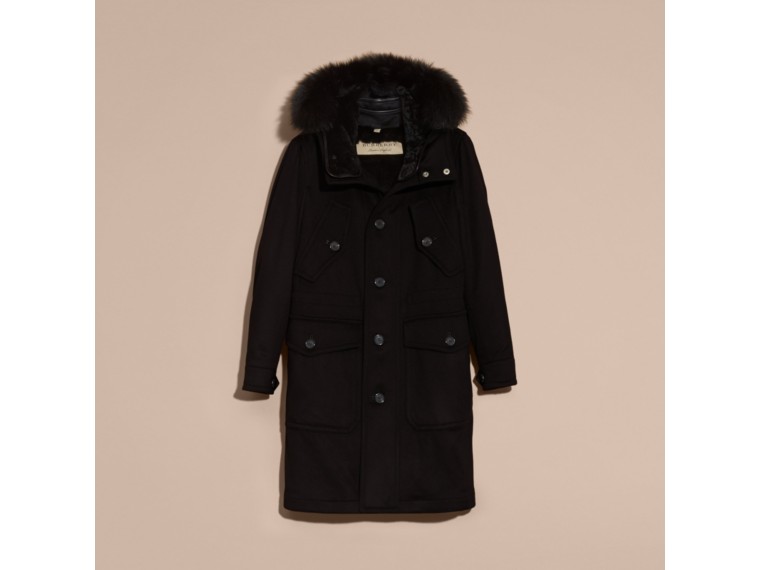 BURBERRY Fox And Shearling Trim Cashmere Parka With Fur Liner, Black ...