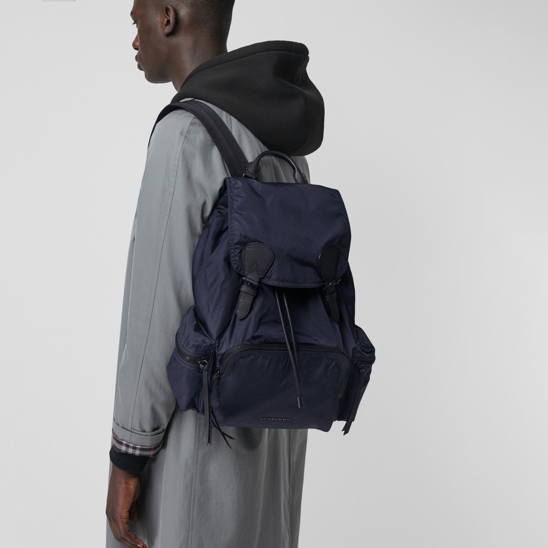 The Large Rucksack in Technical Nylon and Leather in Ink Blue - Men ...