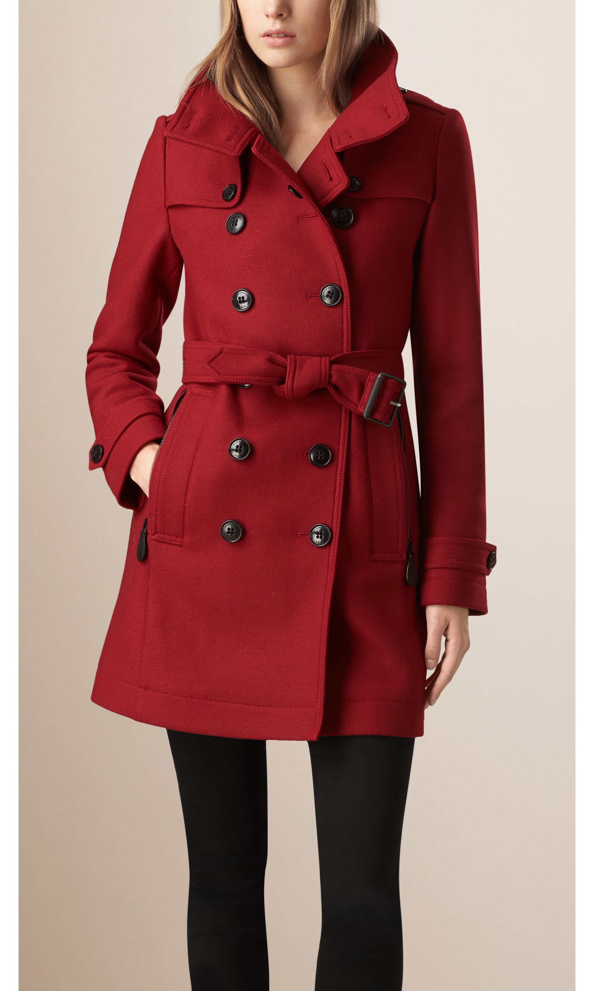 Funnel Neck Wool Cashmere Twill Trench Coat in Damson Red - Women ...