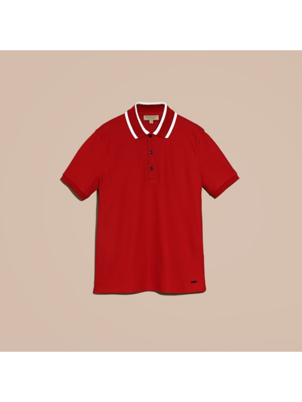 Striped Collar Cotton Piqué Polo Shirt in Uniform Red - Men | Burberry ...