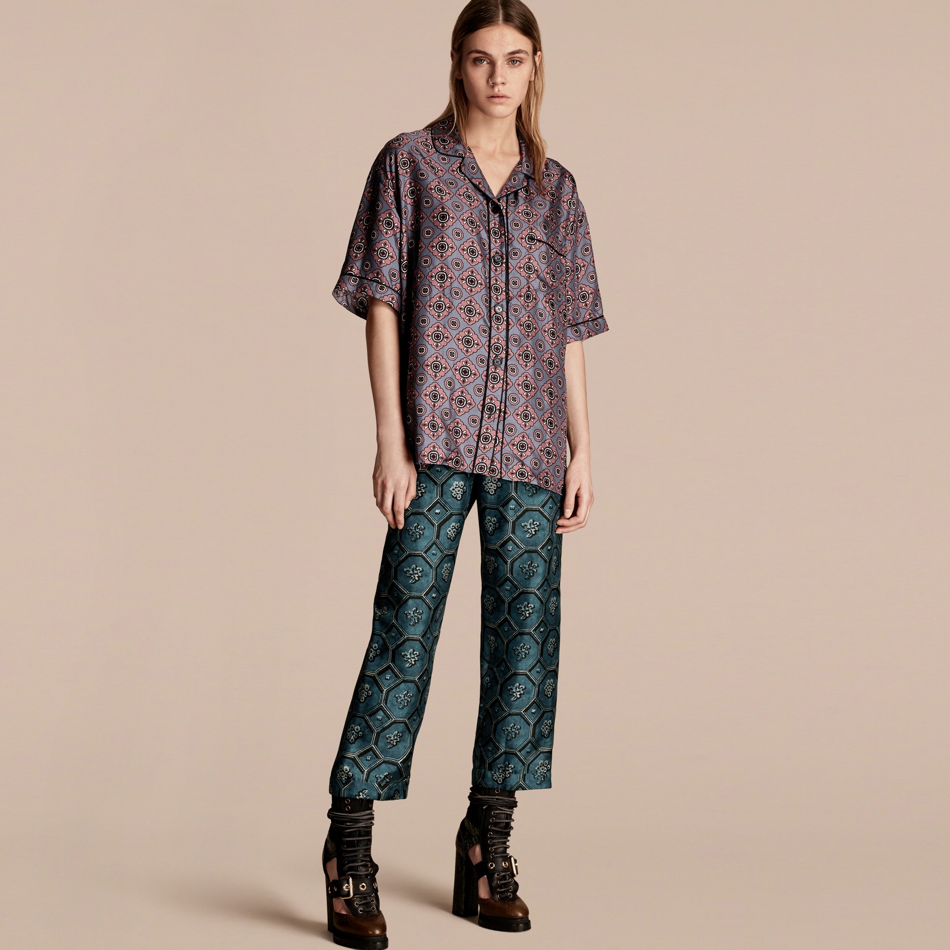 Geometric Wallpaper Print Silk Twill Cropped Pyjama-style Trousers in ...