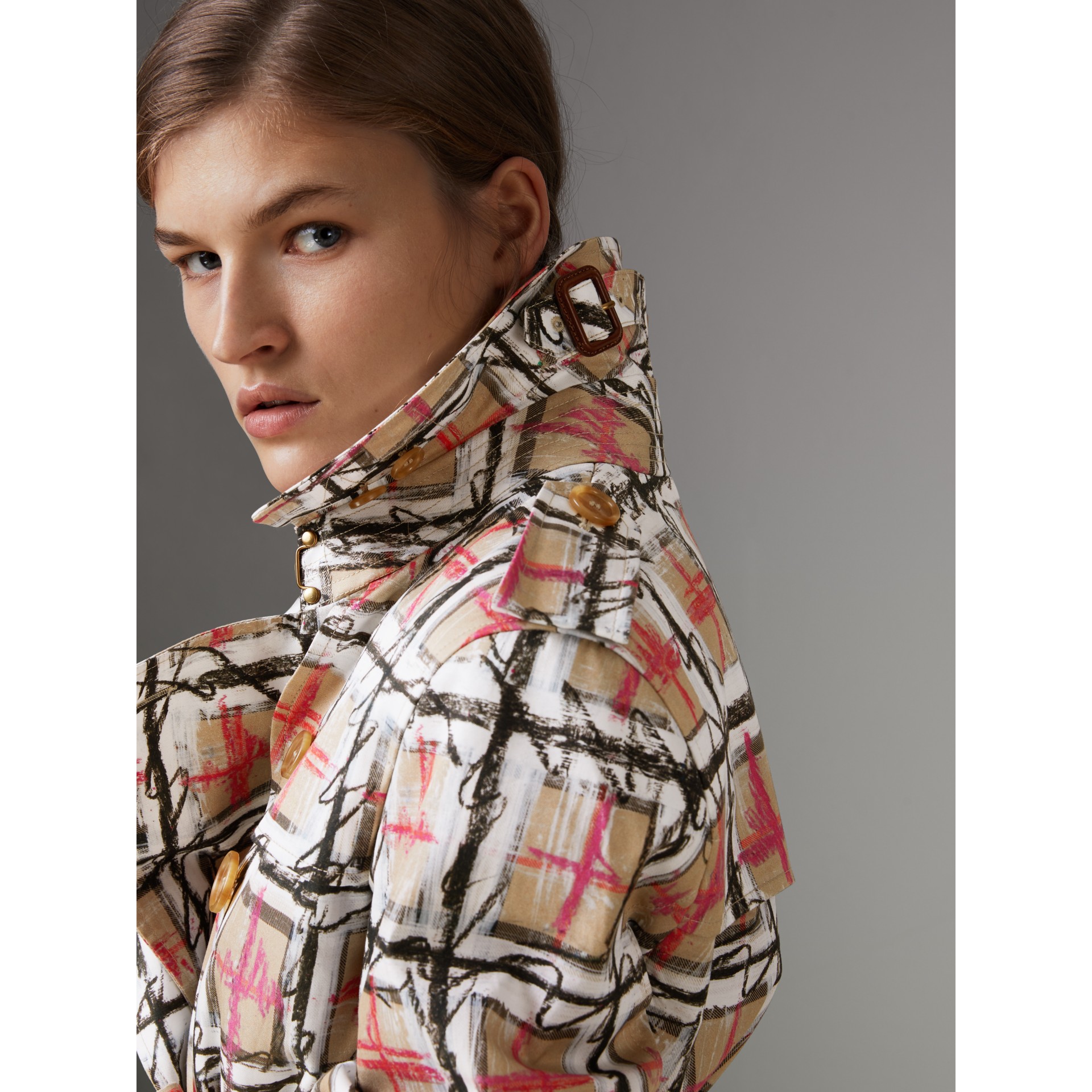 Scribble Check Cotton Trench Coat in White Women Burberry United States