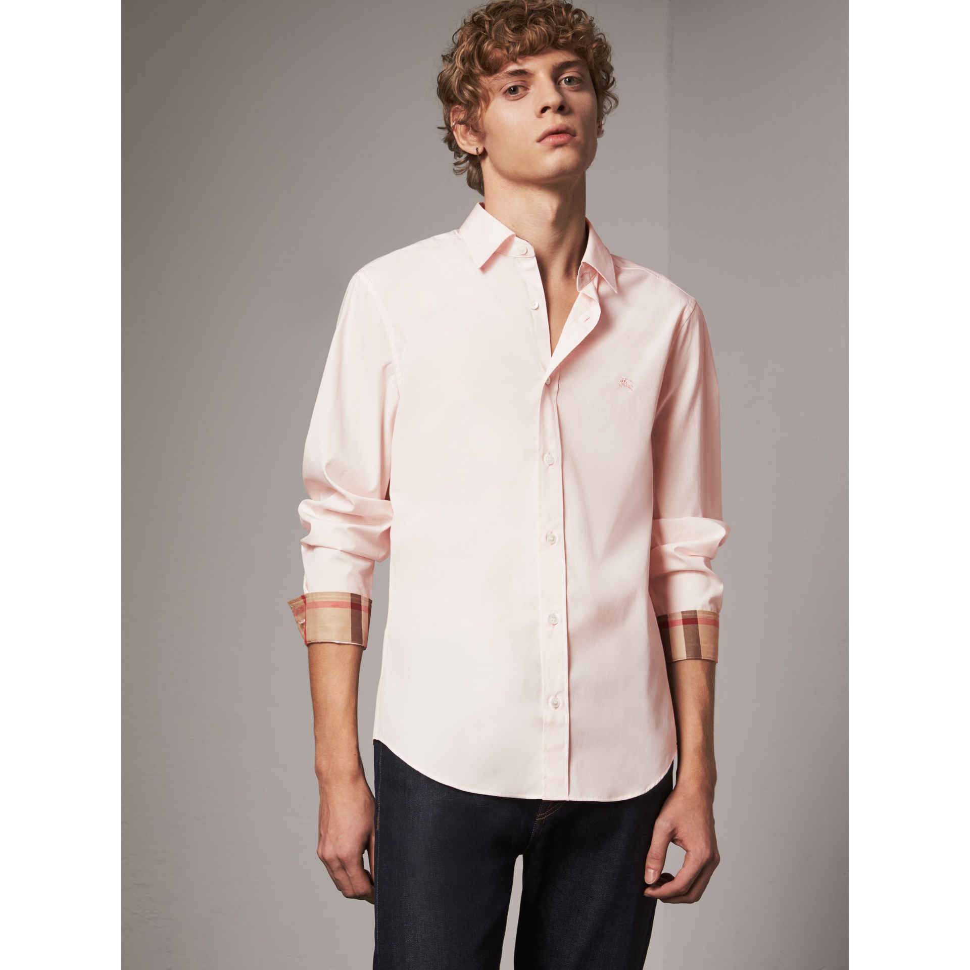 Check Detail Stretch Cotton Poplin Shirt in Pale Pink - Men | Burberry