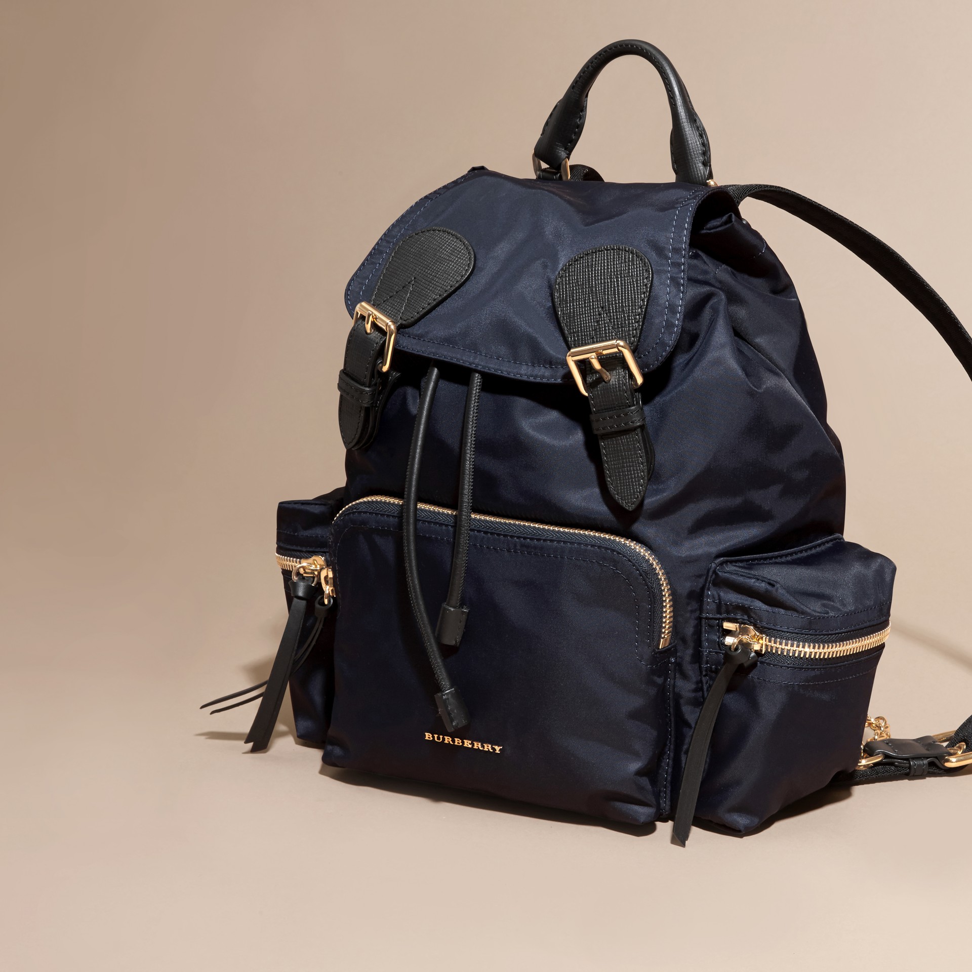 The Medium Rucksack in Technical Nylon and Leather in Ink Blue Women