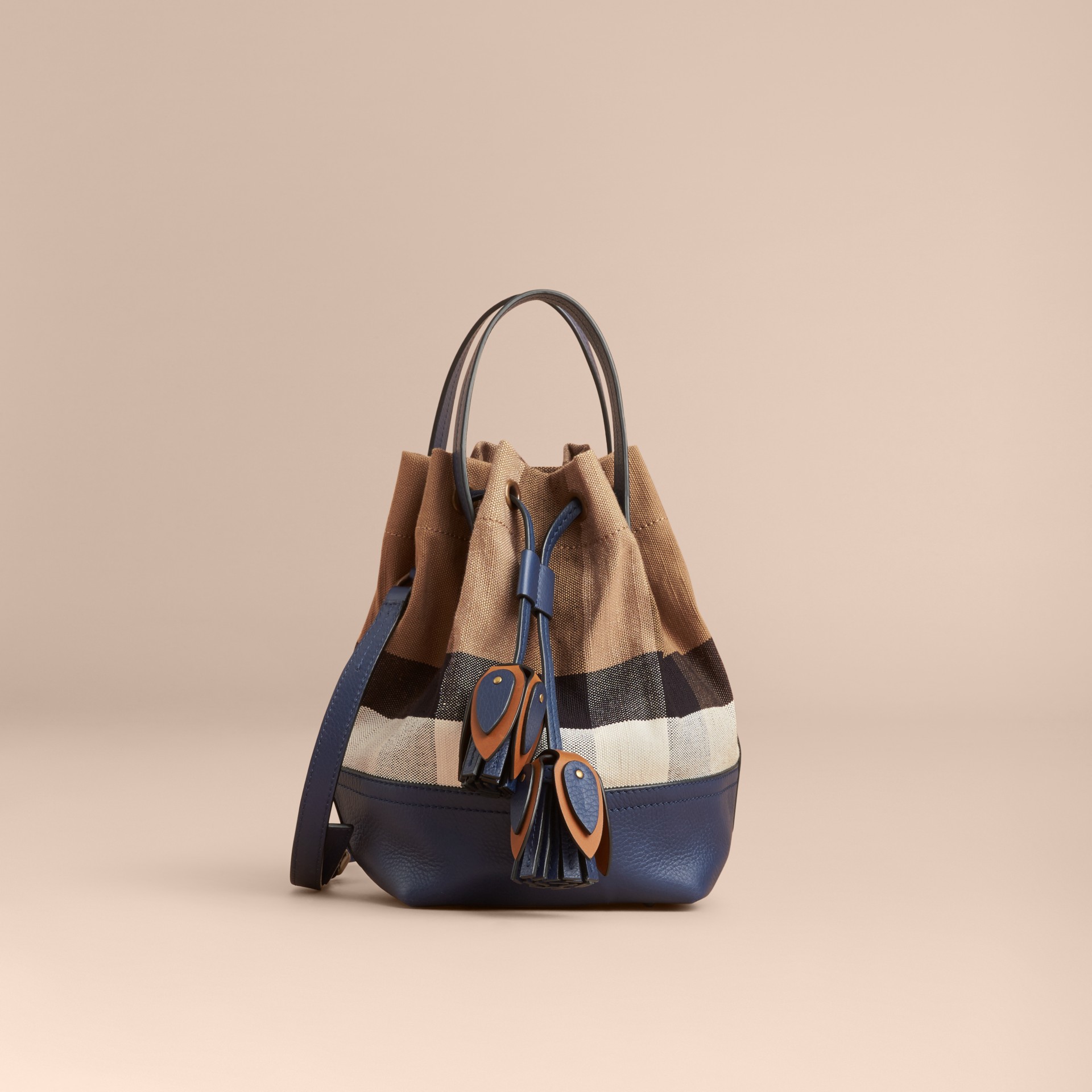 Small Canvas Check and Leather Bucket Bag in Brilliant Navy - Women | Burberry United States