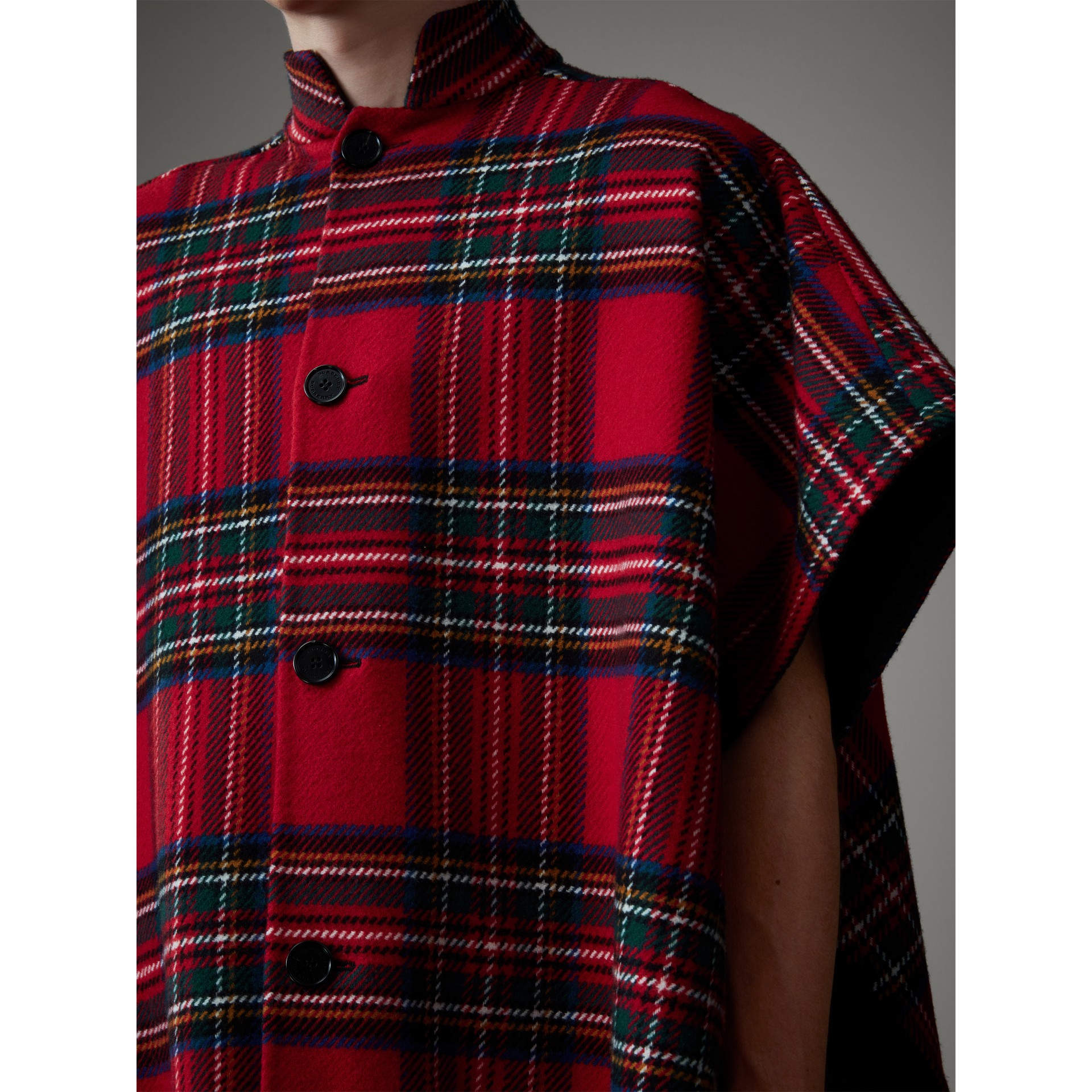 Reversible Tartan Wool Cashmere Poncho in Bright Red/dark Grey - Men ...