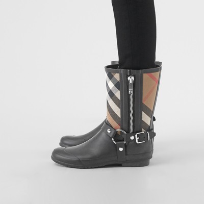 buckle and strap detail check rain boots