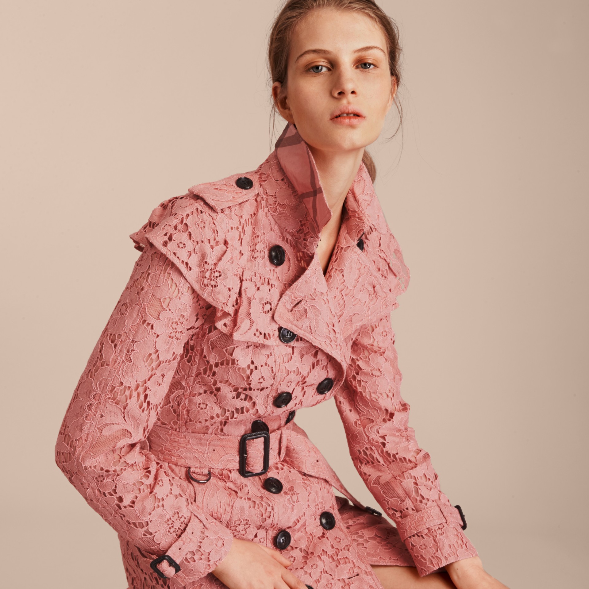 Ruffle Detail Macramé Lace Trench Coat in Antique Rose Women
