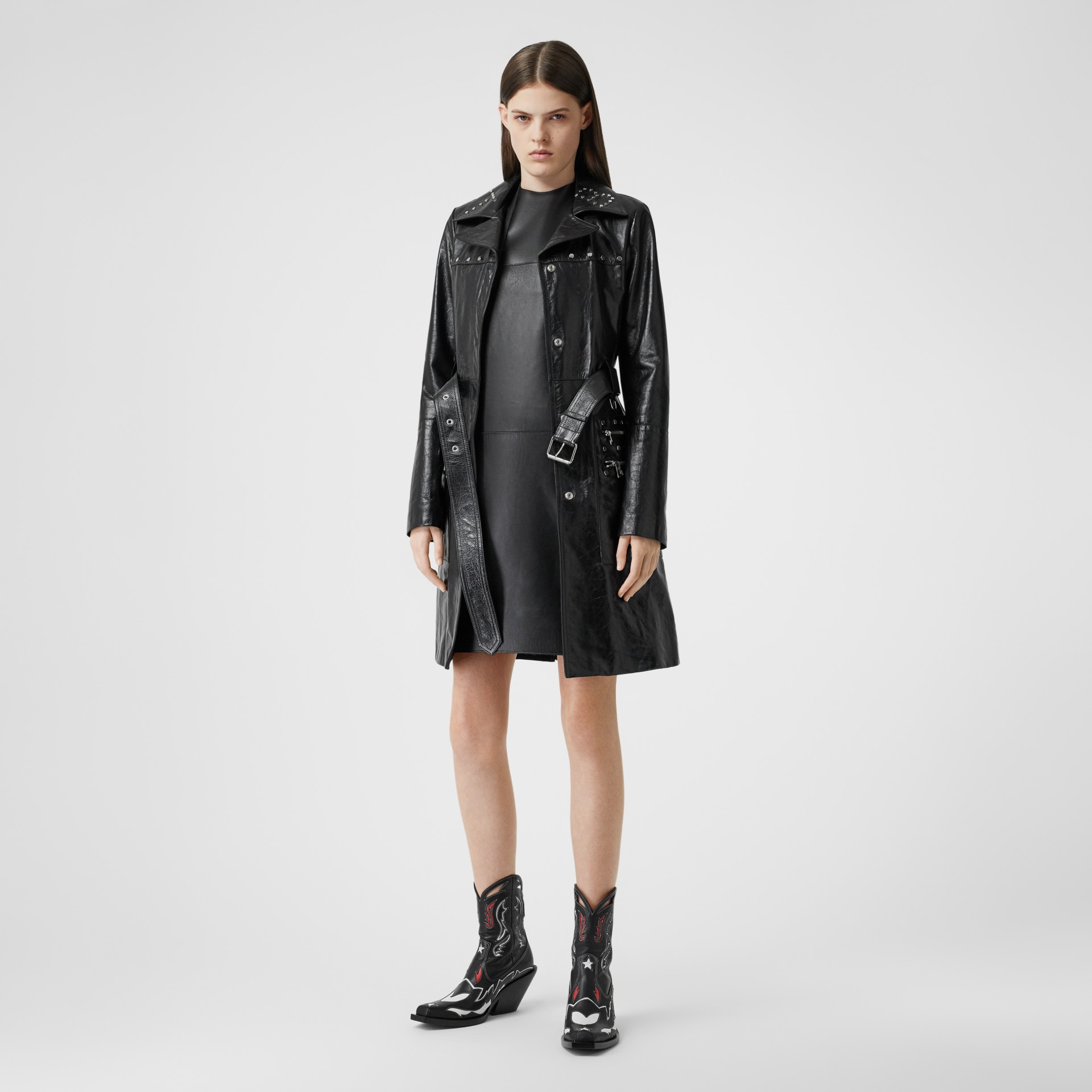 Studded Crinkled Leather Trench Coat in Black - Women | Burberry United ...
