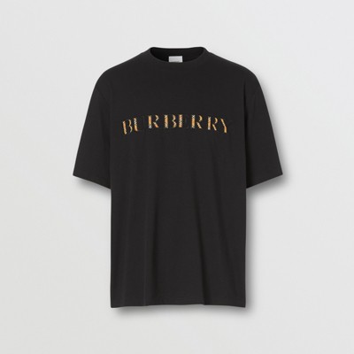 Embroidered Check Logo Cotton T-shirt In Black - Men | Burberry United ...