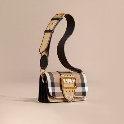 BURBERRY The Small Buckle Bag In House Check And Leather, Gold | ModeSens
