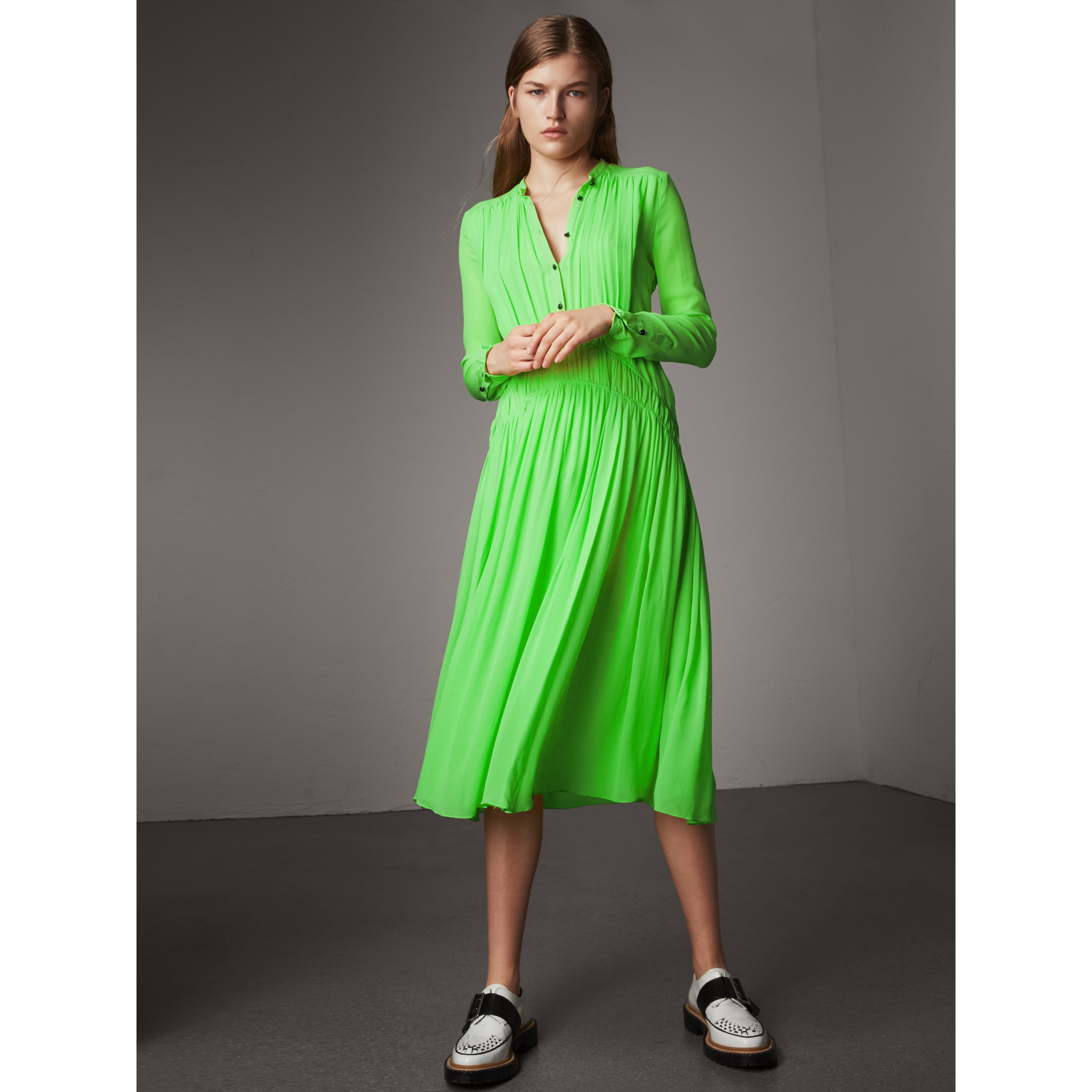 Gathered Silk Georgette Dress in Neon Green - Women | Burberry United States