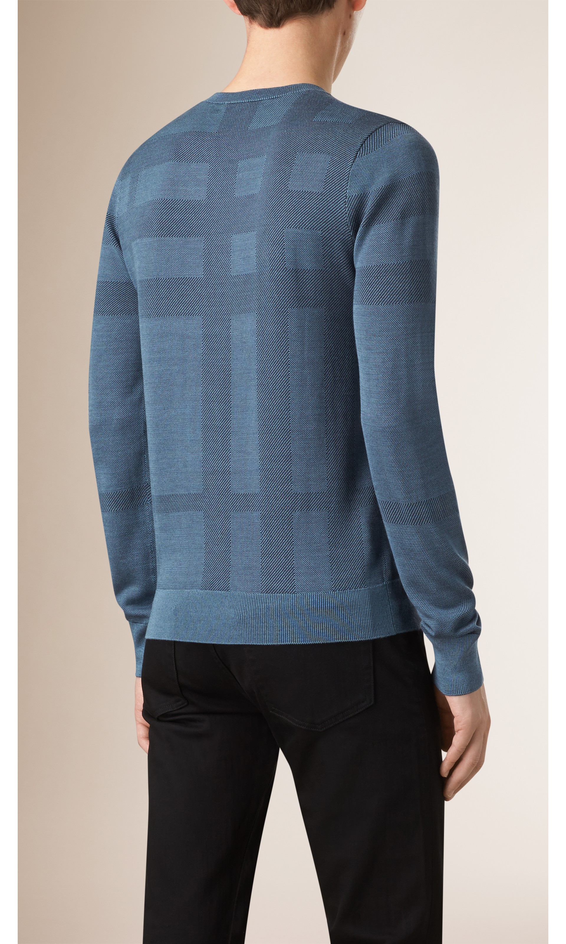 Check Crew Neck Silk Sweater in Dark Slate Blue - Men | Burberry United ...