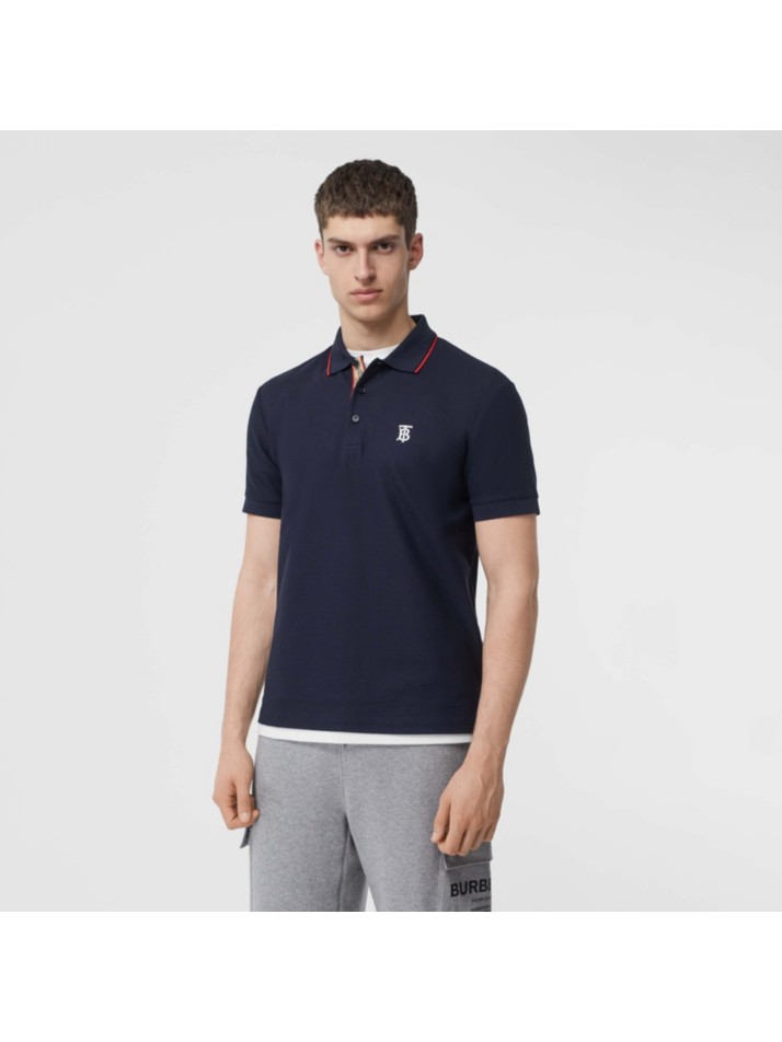 标志性条纹开襟珠地网眼布棉质 polo 衫