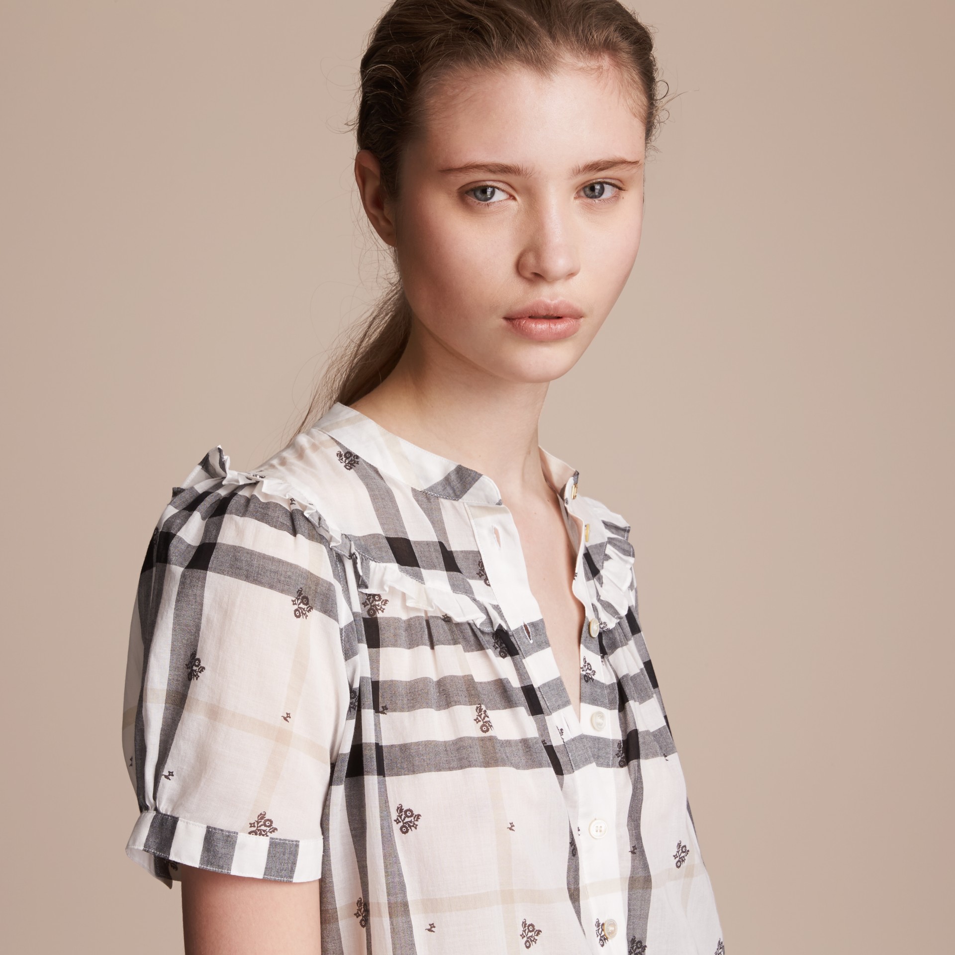 Ruffle Detail Floral Print Check Cotton Dress in White Women