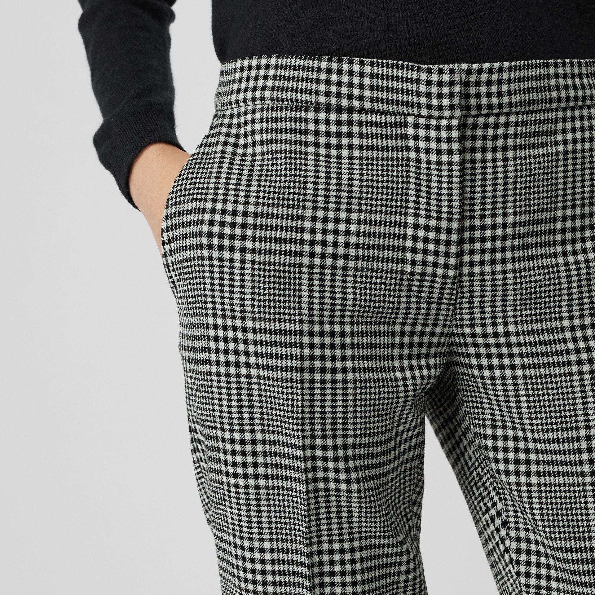 Straight Fit Prince of Wales Check Wool Trousers in Mist Green - Women ...