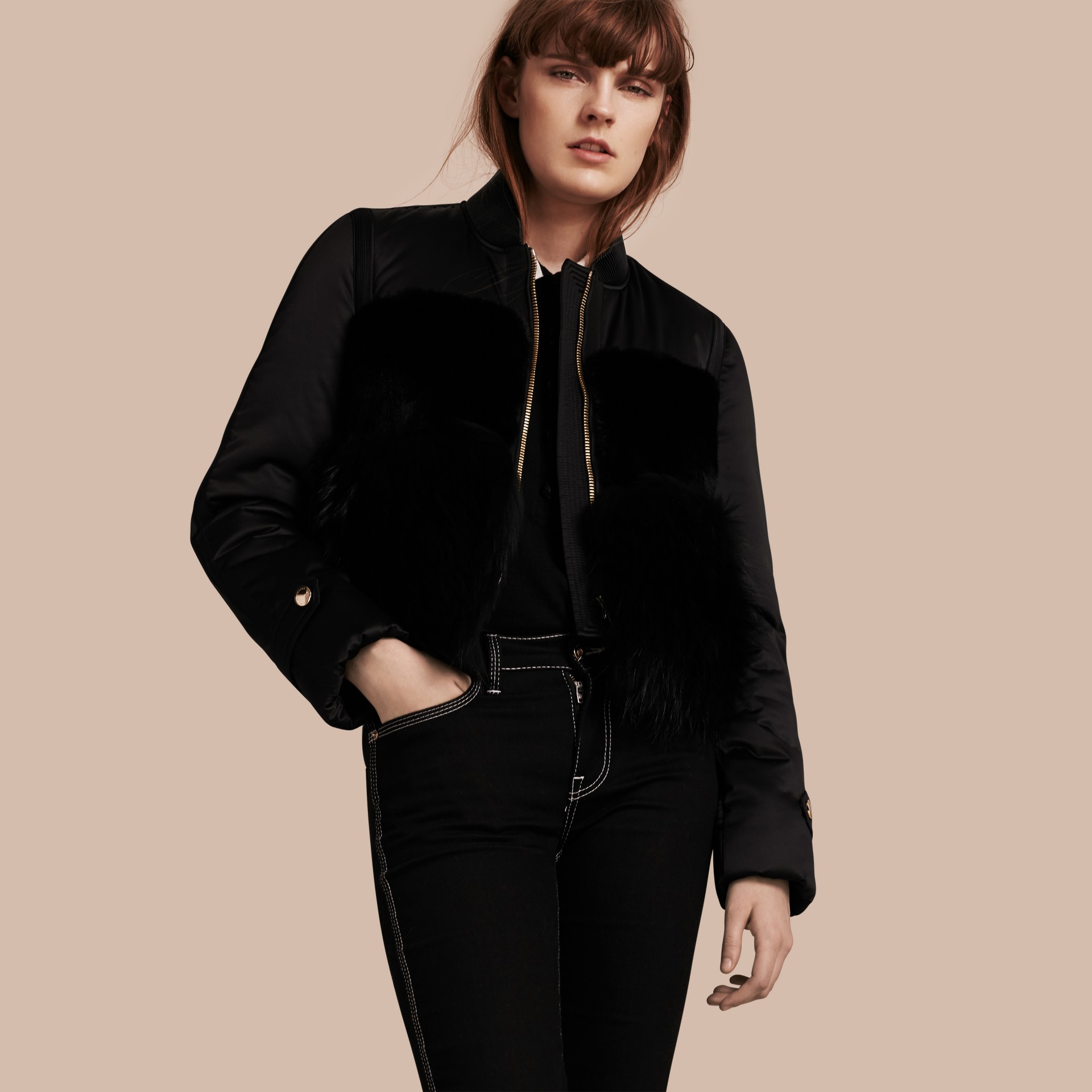 Fur-trimmed Satin Bomber Jacket in Black - Women | Burberry United Kingdom