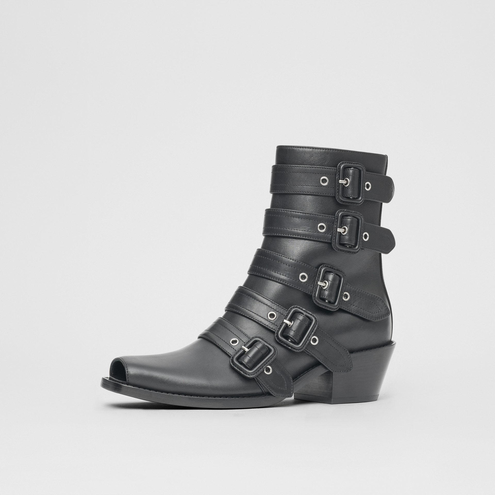 Buckled Leather Peep-toe Ankle Boots In Black - Women 