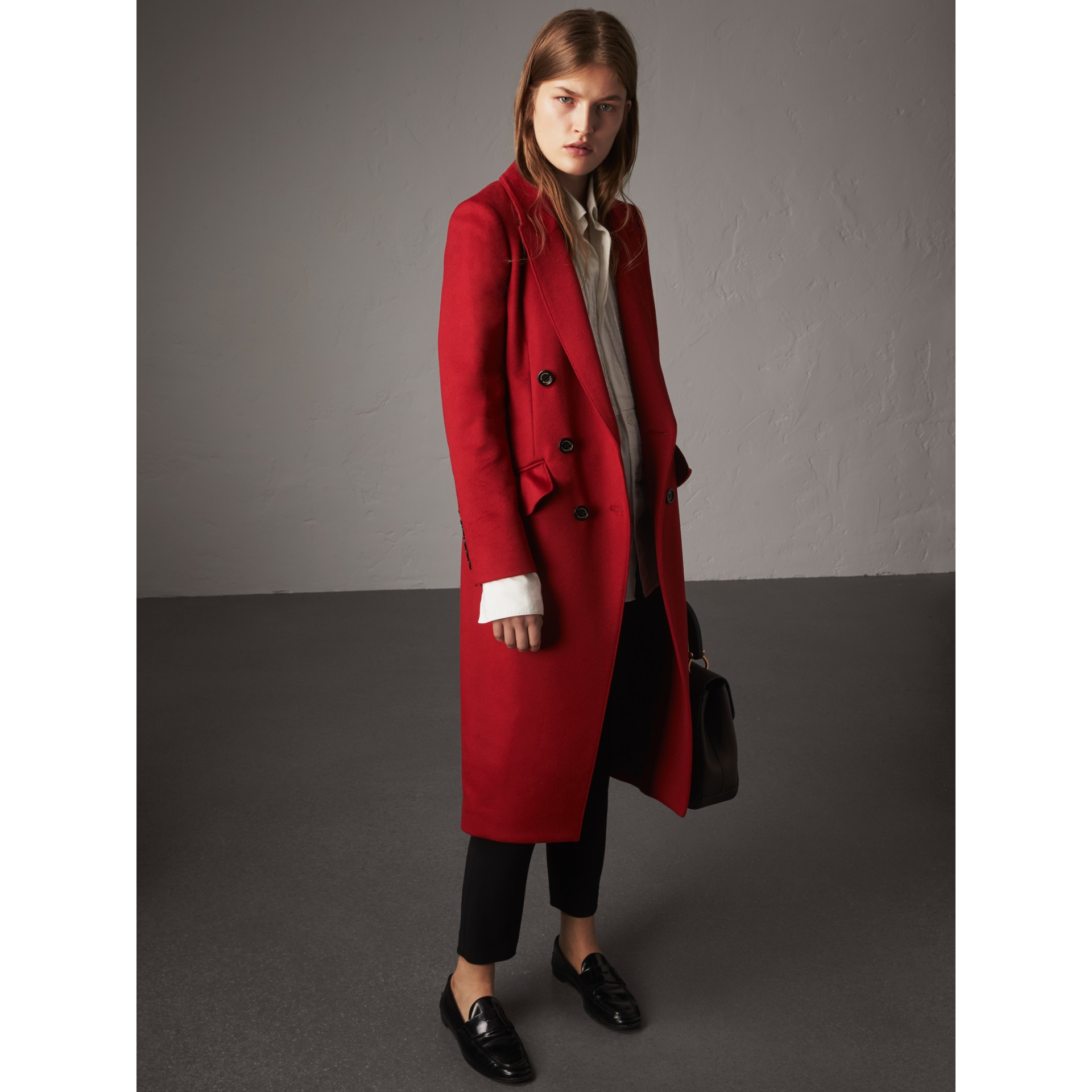Ruffle Detail Wool Cashmere Tailored Coat in Military Red - Women | Burberry