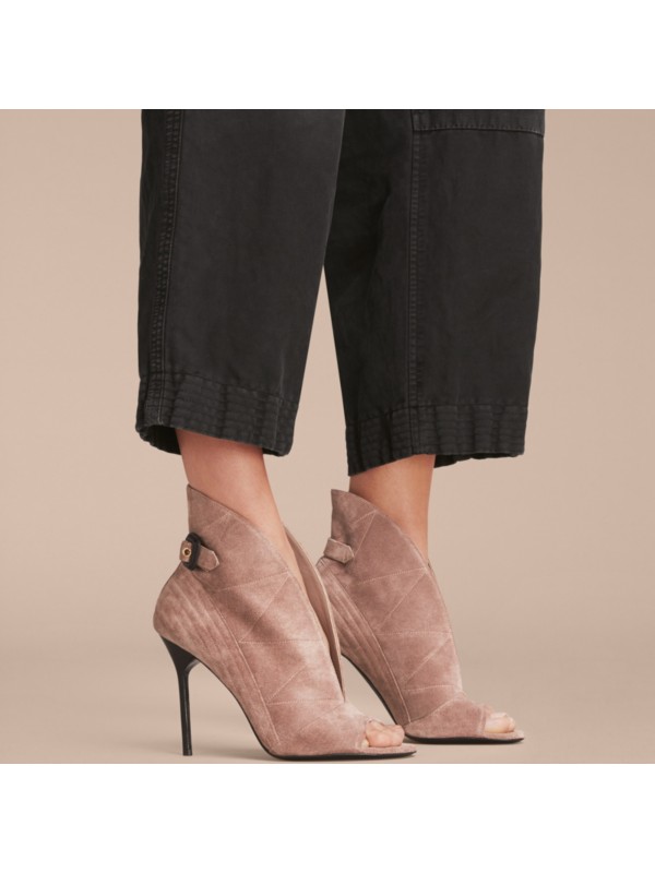 Buckle Detail Suede Peeptoe Ankle Boots in Ivory Pink Burberry