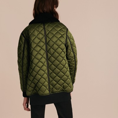 Long Quilted Bomber Jacket With Shearling Collar In Bright Moss Green ...