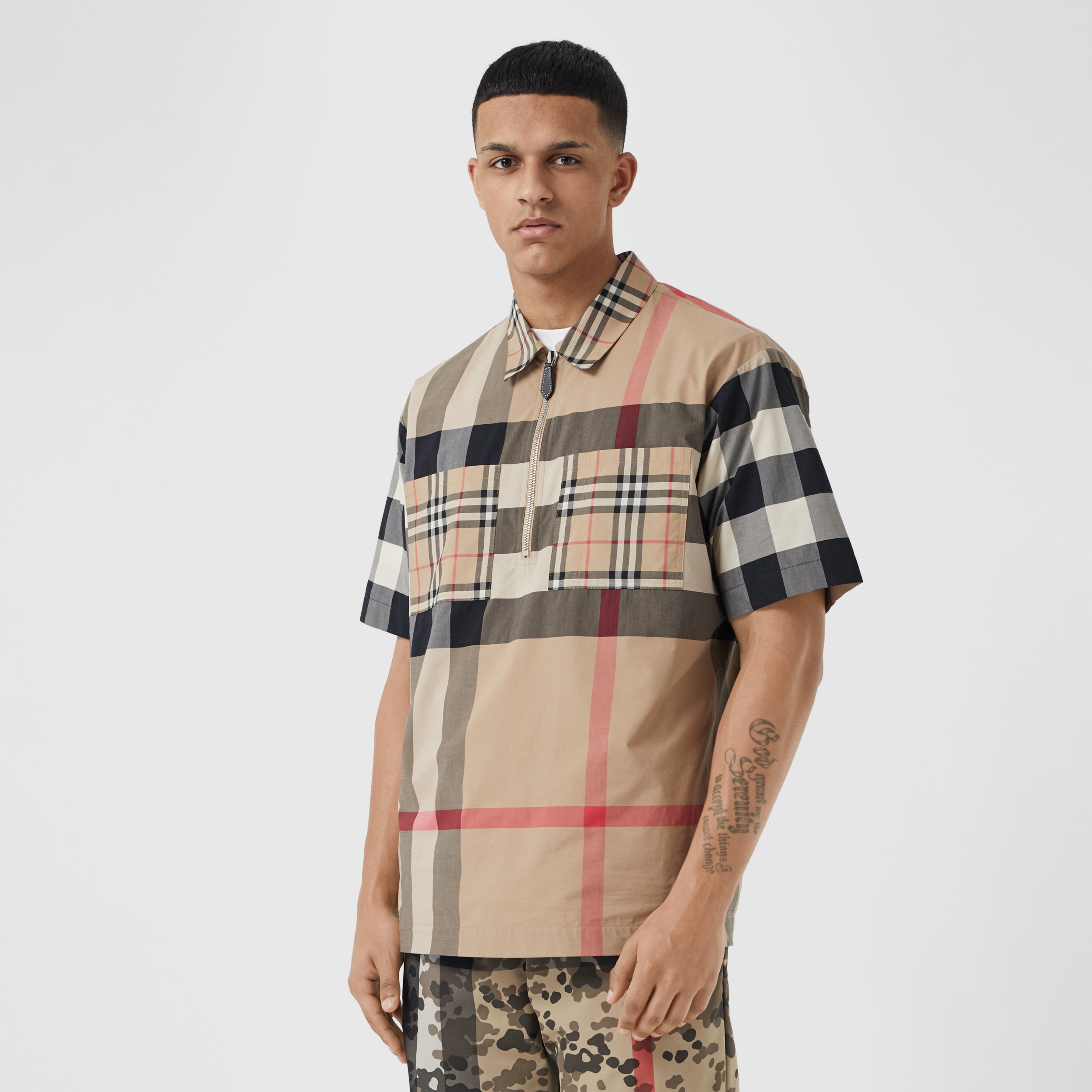 Short-sleeve Panelled Check Stretch Cotton Shirt in Archive Beige - Men ...