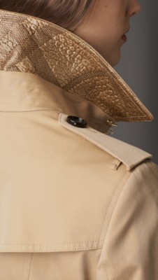 metallic leather detail gabardine trench coat