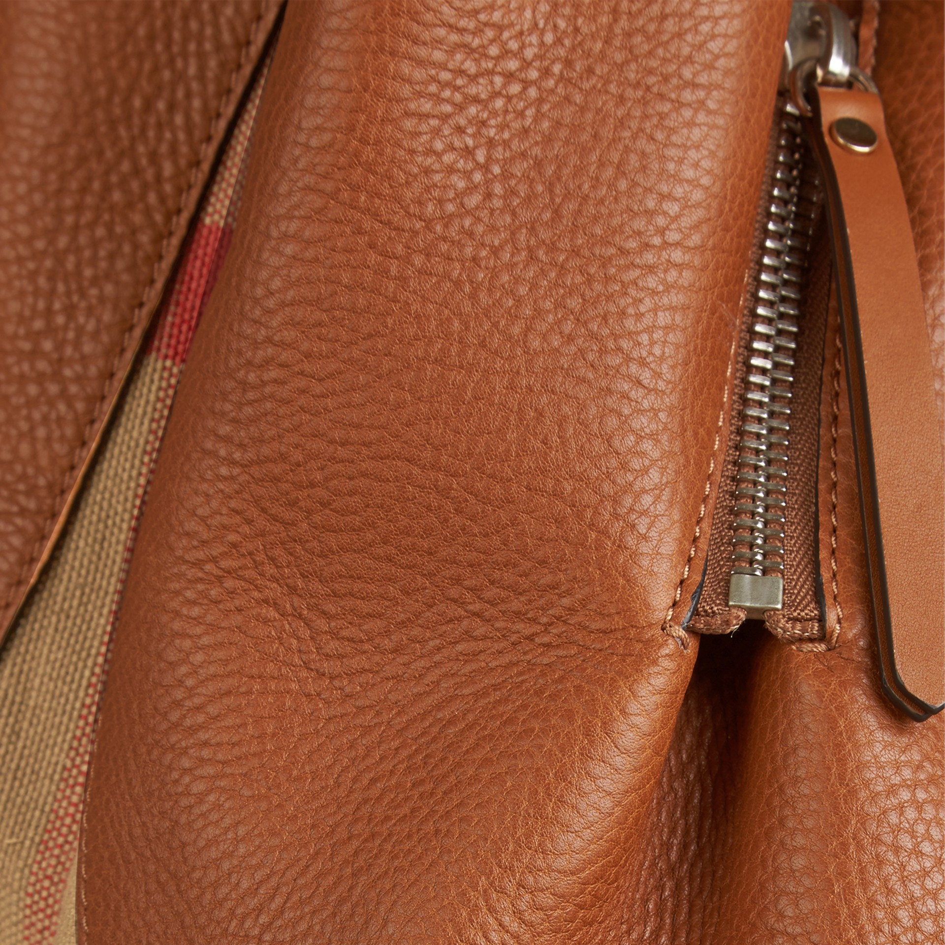 Medium Check Detail Leather Tote Bag Saddle Brown Burberry